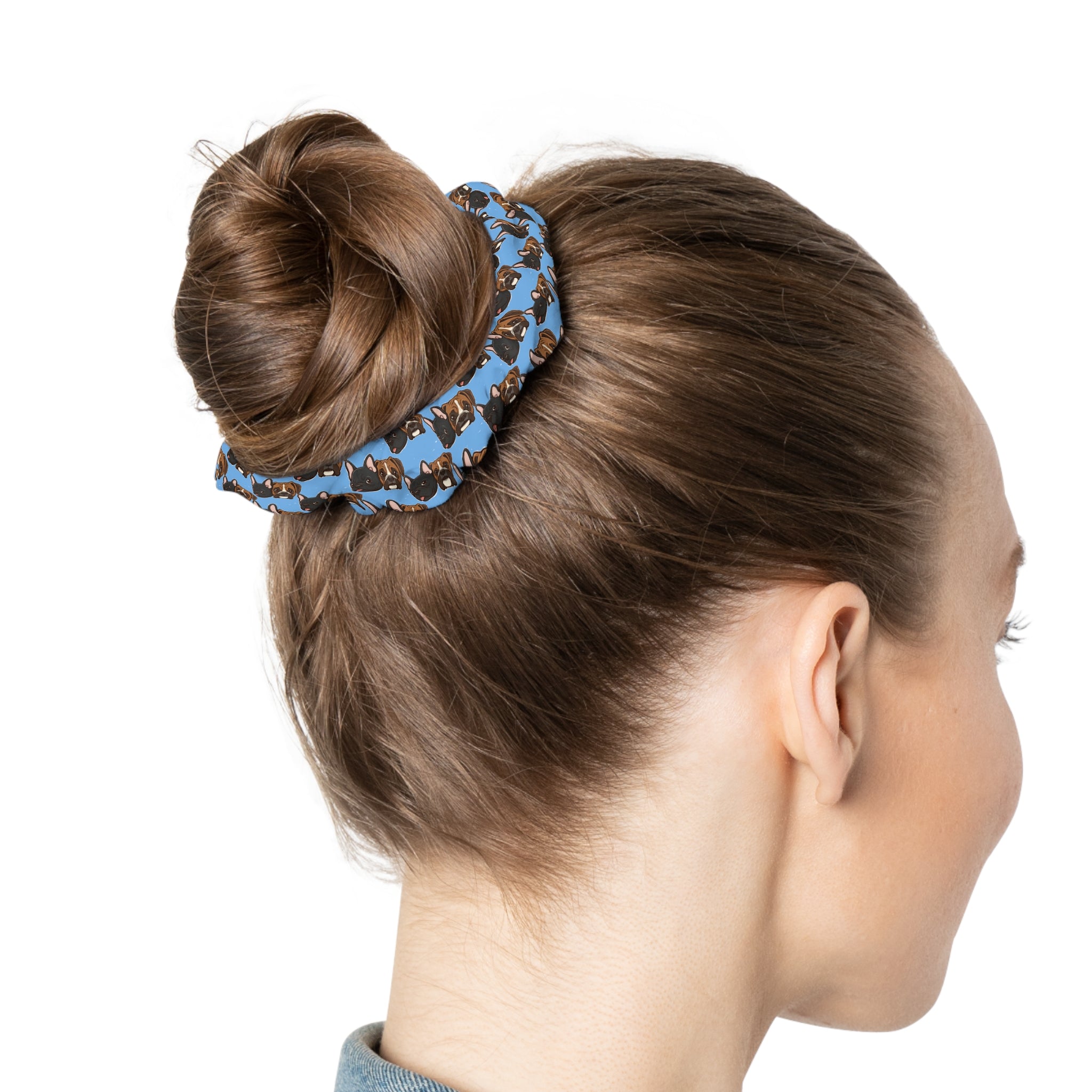 M&T Pattern Scrunchie — Cute Dog Hair Tie on Sky Blue