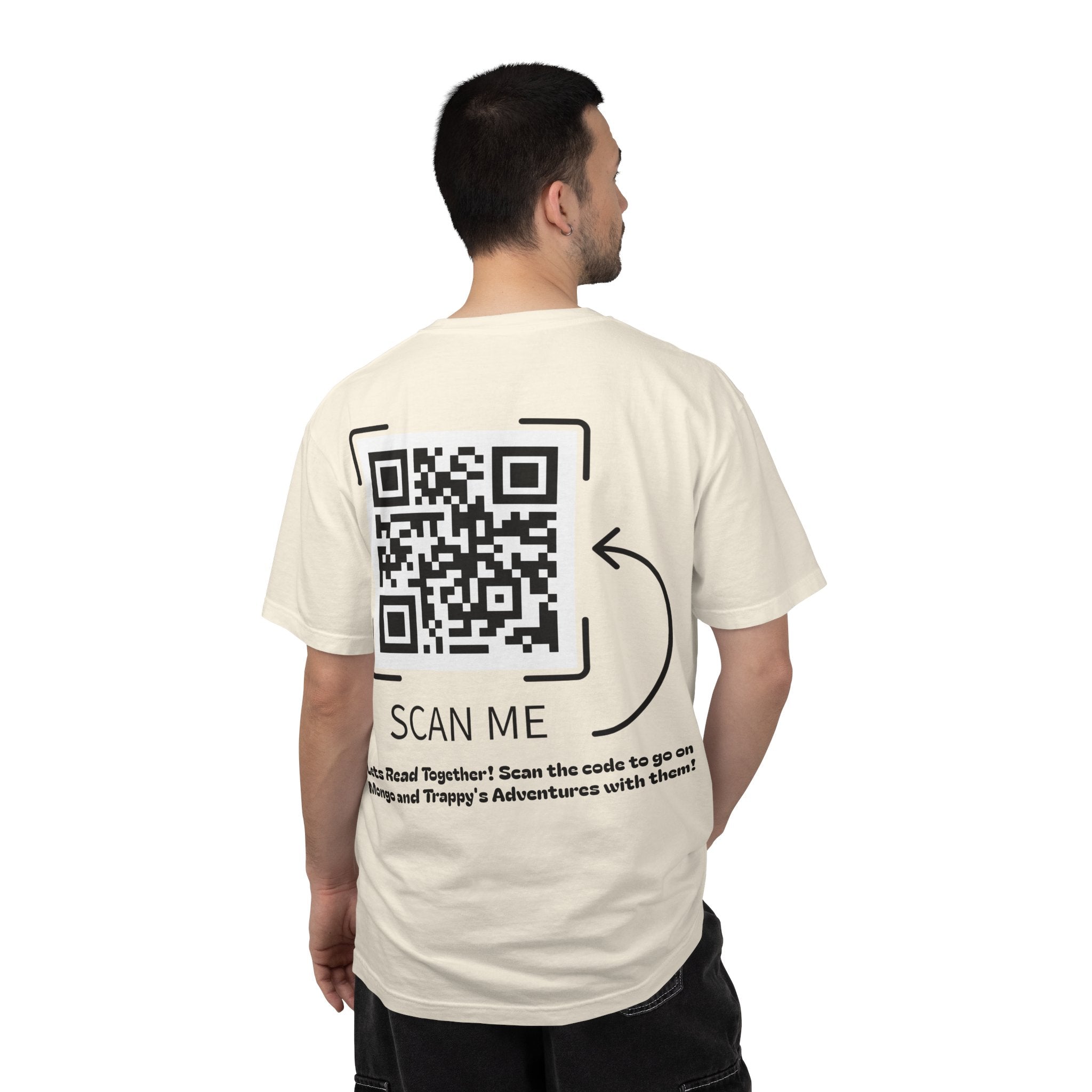 Adventures of Mongo & Trappy T-Shirt — Illustrated Dog Book Cover Tee with QR Code
