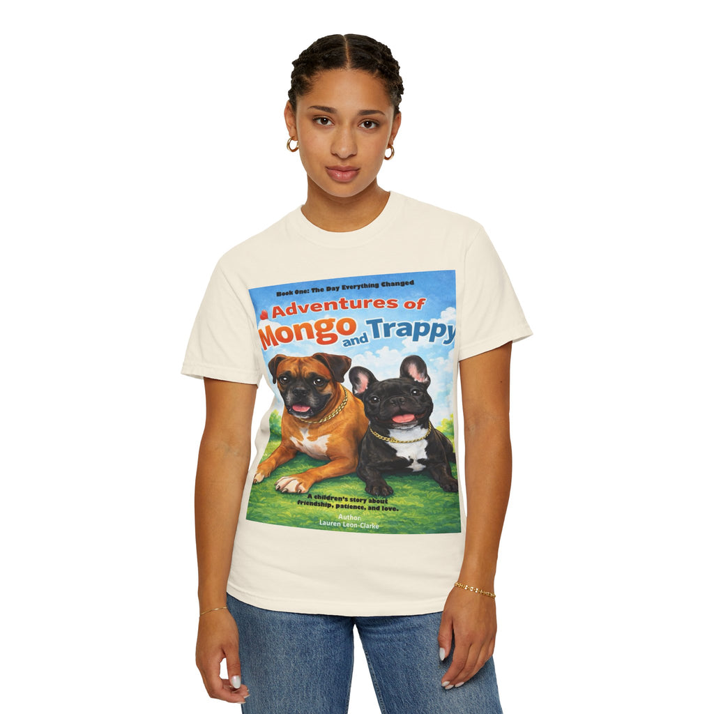 Adventures of Mongo & Trappy T-Shirt — Illustrated Dog Book Cover Tee with QR Code