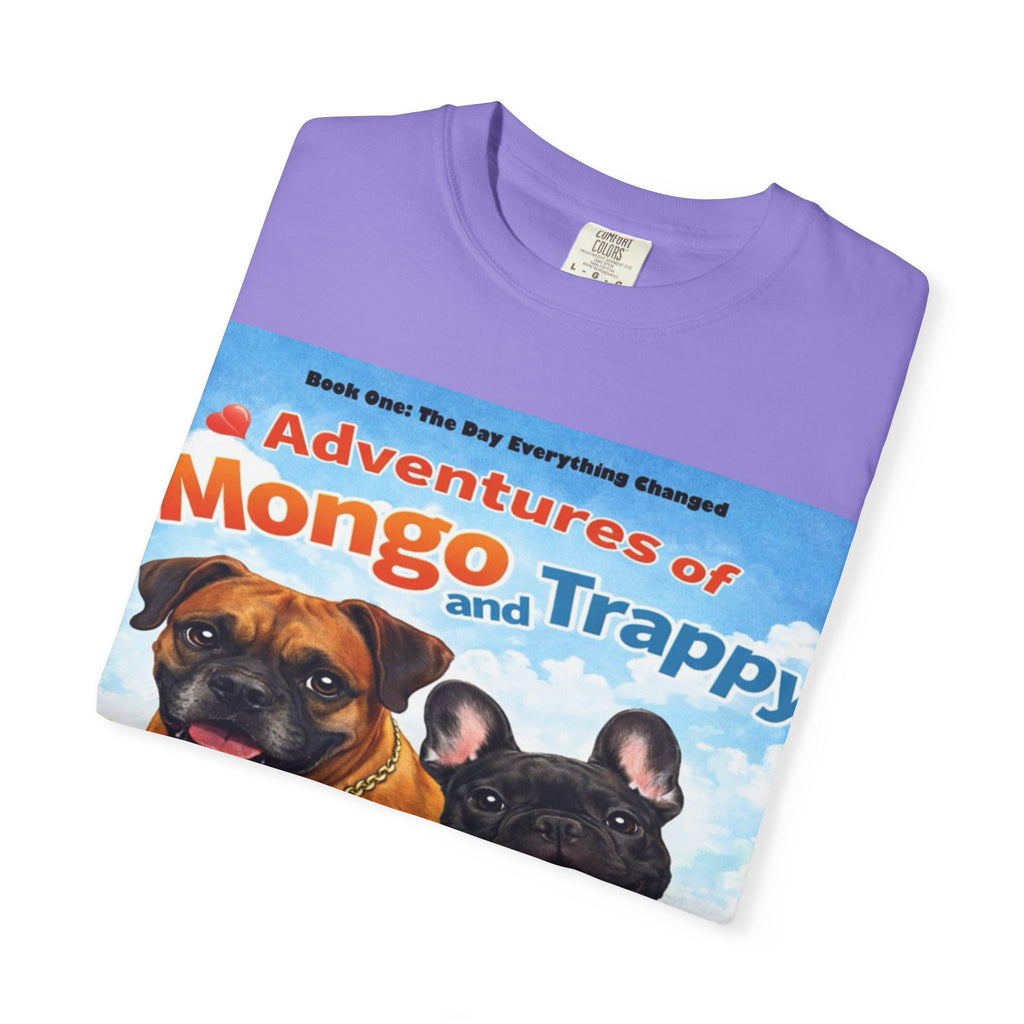 Adventures of Mongo & Trappy T-Shirt — Illustrated Dog Book Cover Tee with QR Code