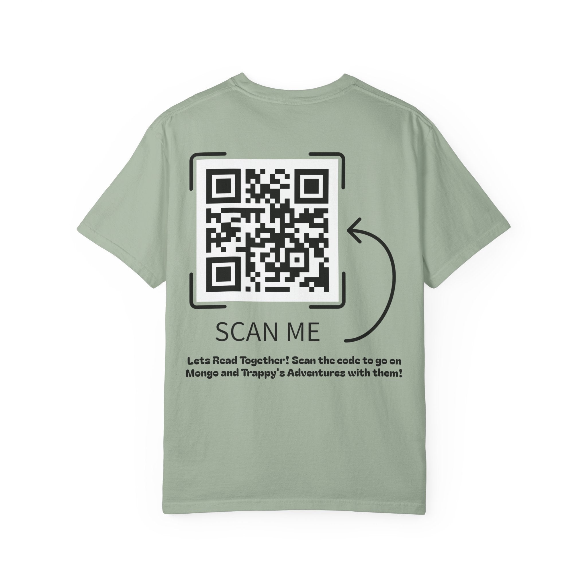 Adventures of Mongo & Trappy T-Shirt — Illustrated Dog Book Cover Tee with QR Code