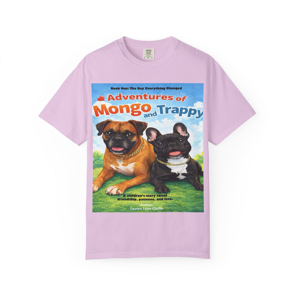 Adventures of Mongo & Trappy T-Shirt — Illustrated Dog Book Cover Tee with QR Code