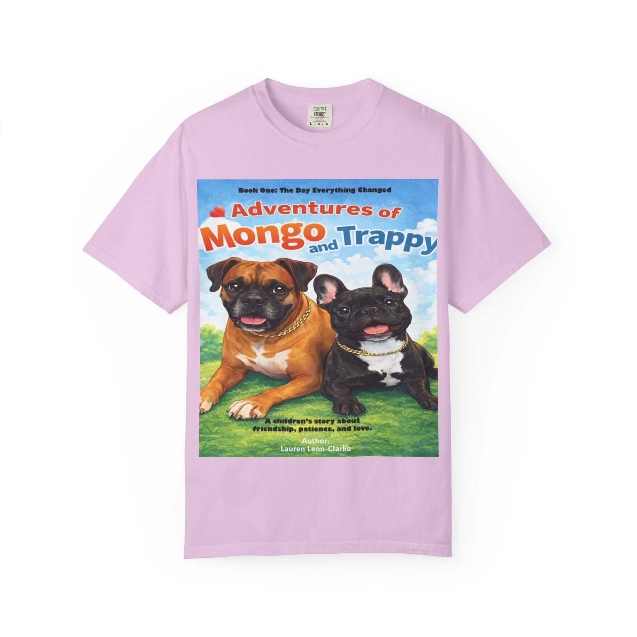 Adventures of Mongo & Trappy T-Shirt — Illustrated Dog Book Cover Tee with QR Code