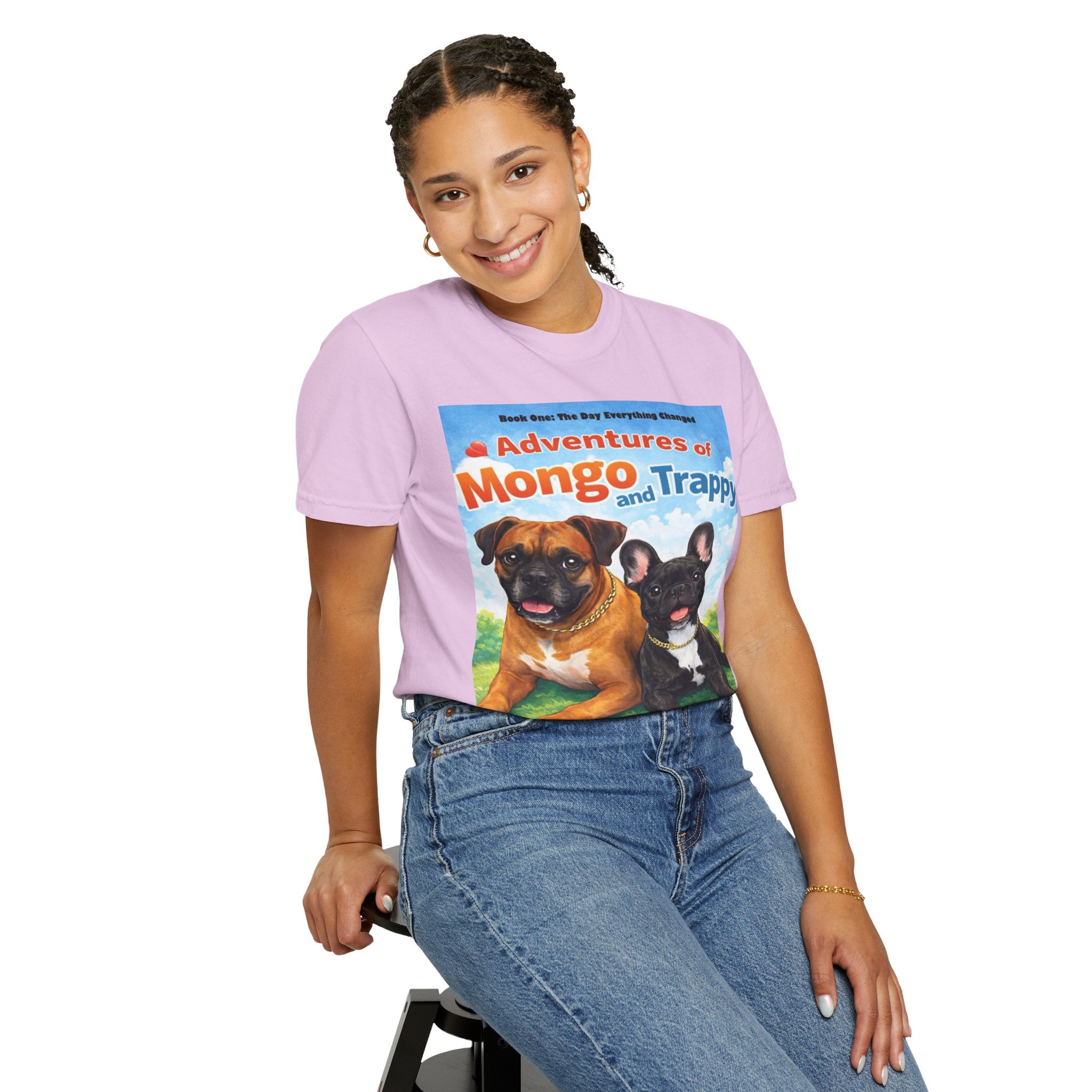 Adventures of Mongo & Trappy T-Shirt — Illustrated Dog Book Cover Tee with QR Code