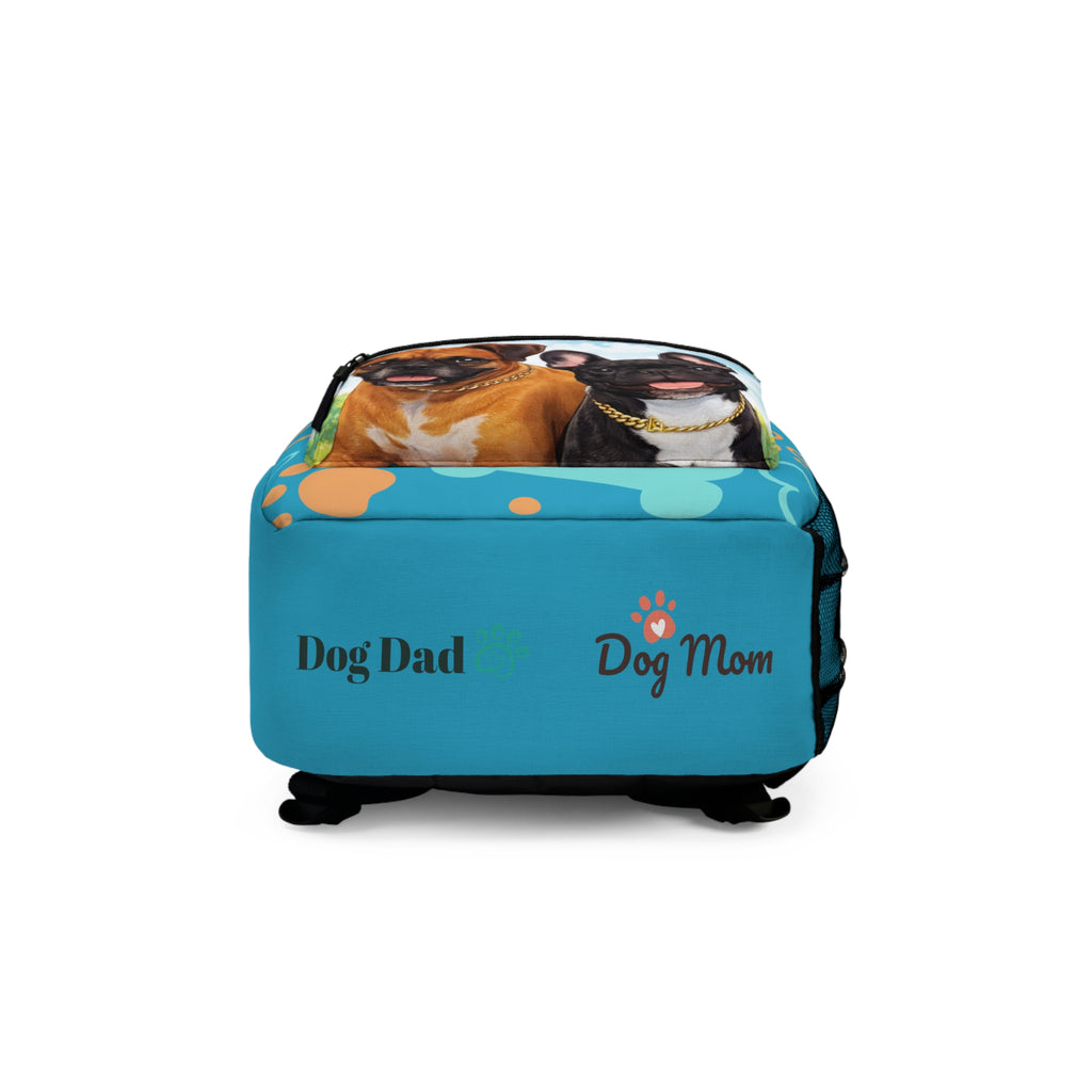 Blue Paw Print Dog Mom Backpack — Cute Pug & Boxer Pet Portrait School Bag