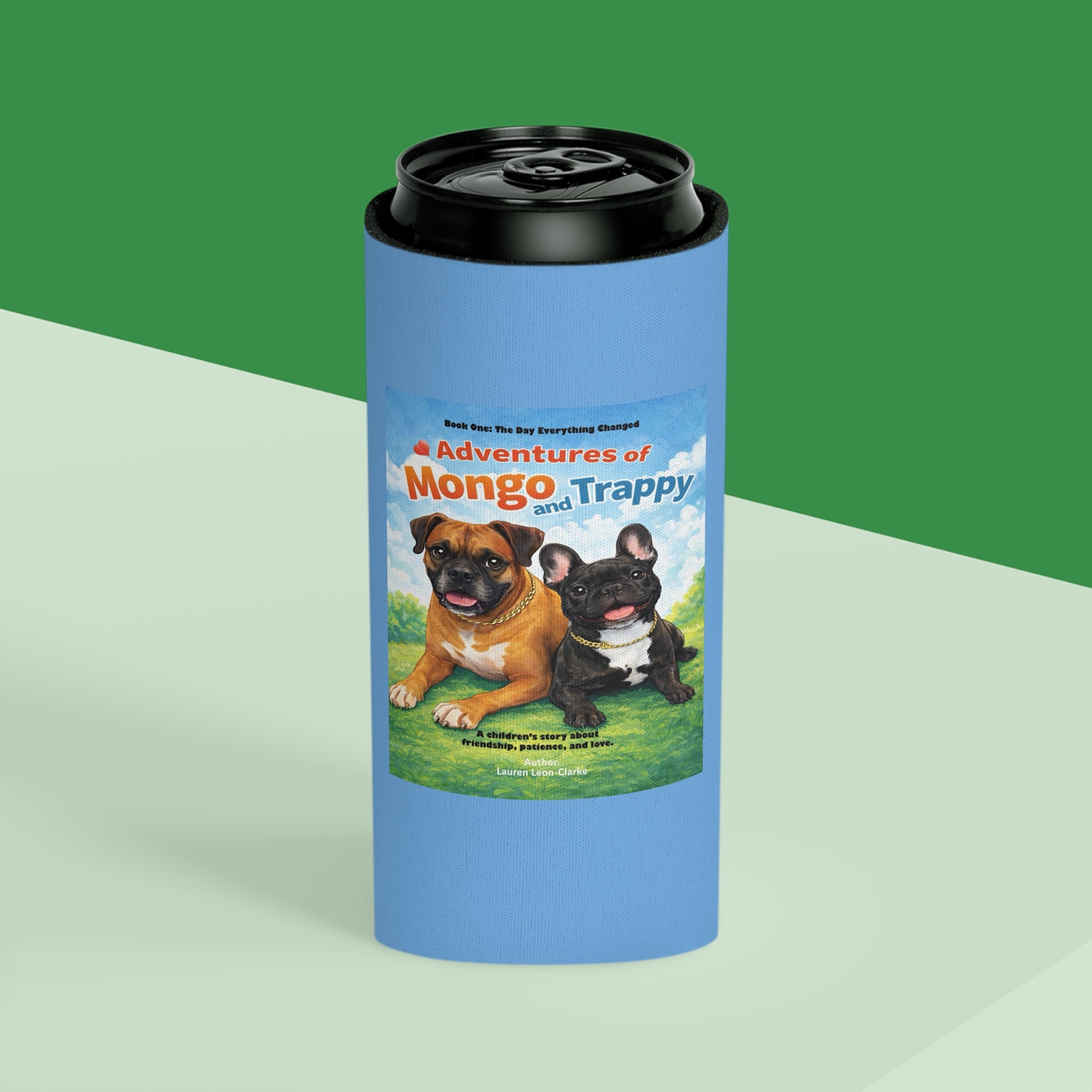 Can Cooler — 'Adventures of Mongo and Trappy' Book Cover Design with QR Code