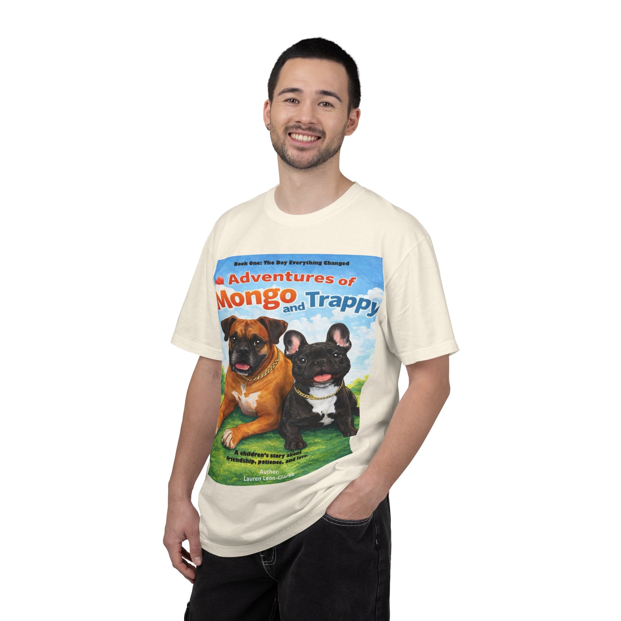 Adventures of Mongo & Trappy T-Shirt — Illustrated Dog Book Cover Tee with QR Code