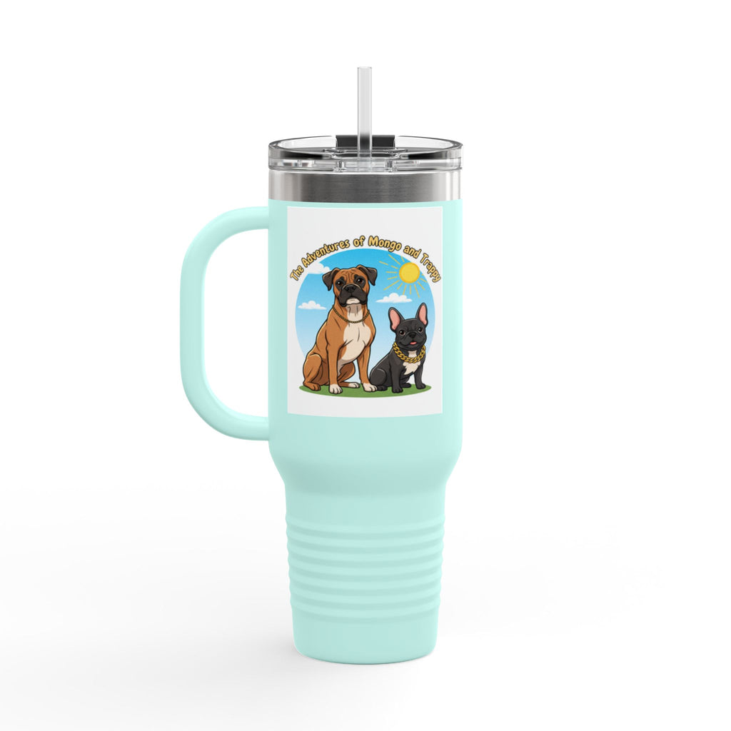 40oz Insulated Travel Mug — "My Adventures with Mongo and Trapper" Dog Portrait Tumbler