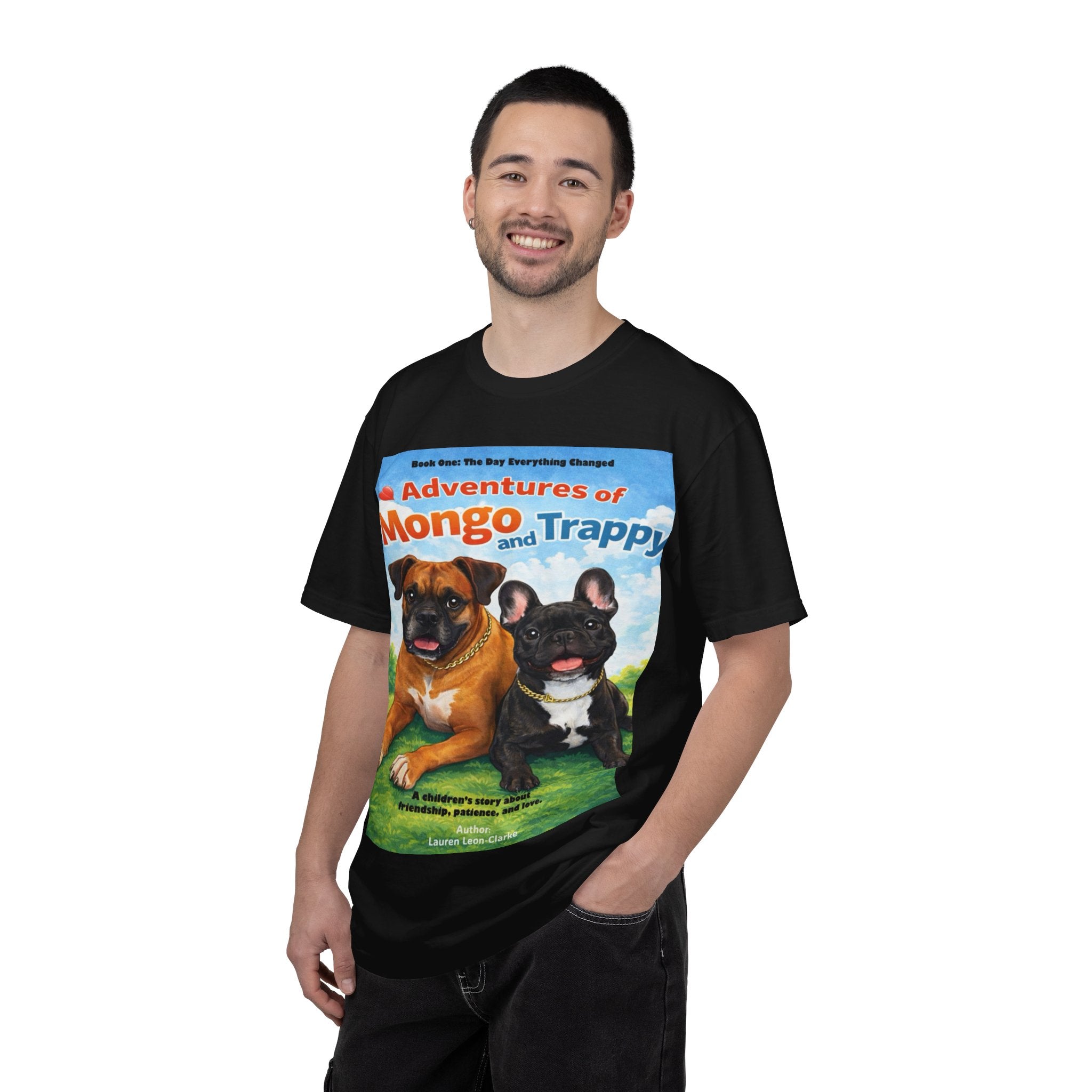 Adventures of Mongo & Trappy T-Shirt — Illustrated Dog Book Cover Tee with QR Code