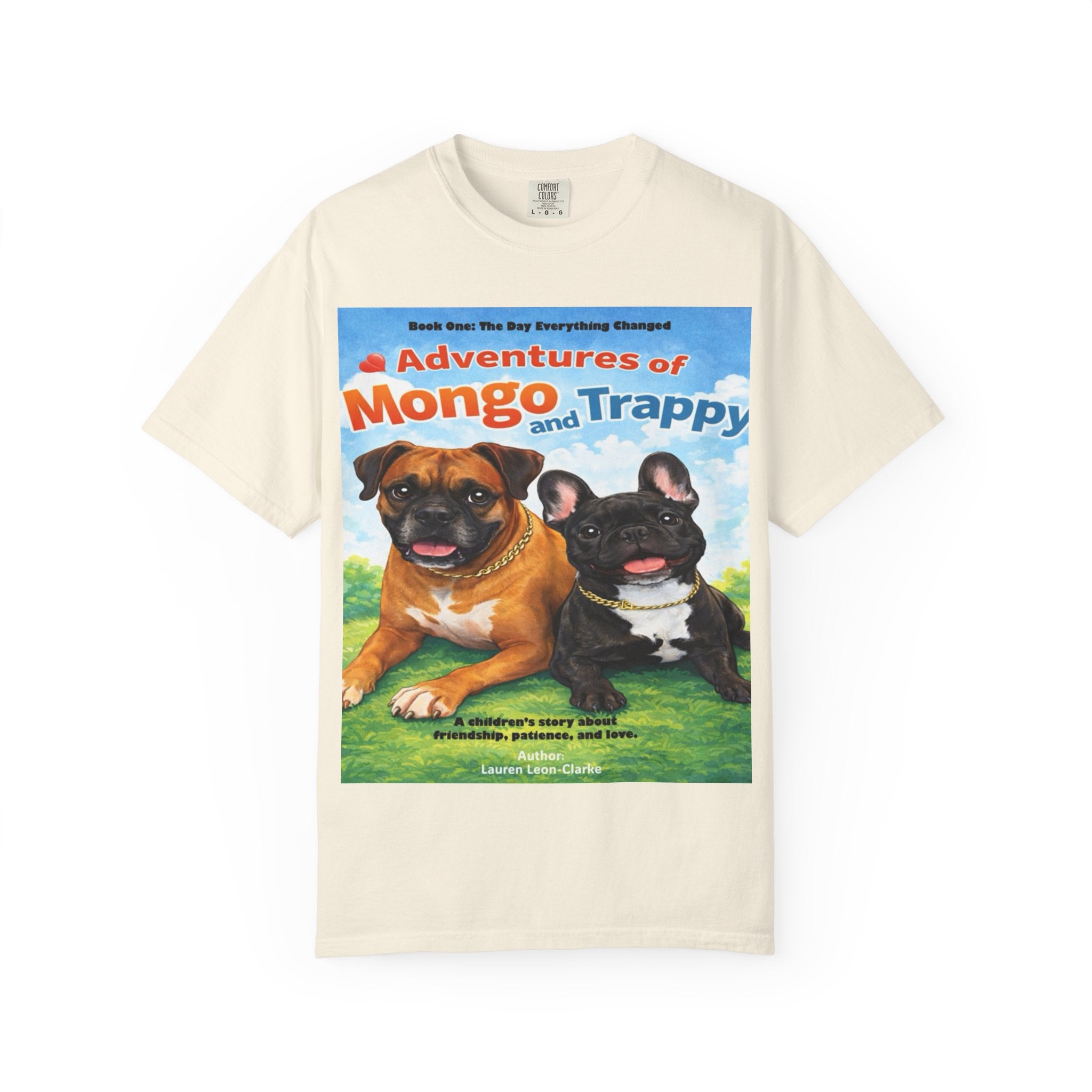Adventures of Mongo & Trappy T-Shirt — Illustrated Dog Book Cover Tee with QR Code
