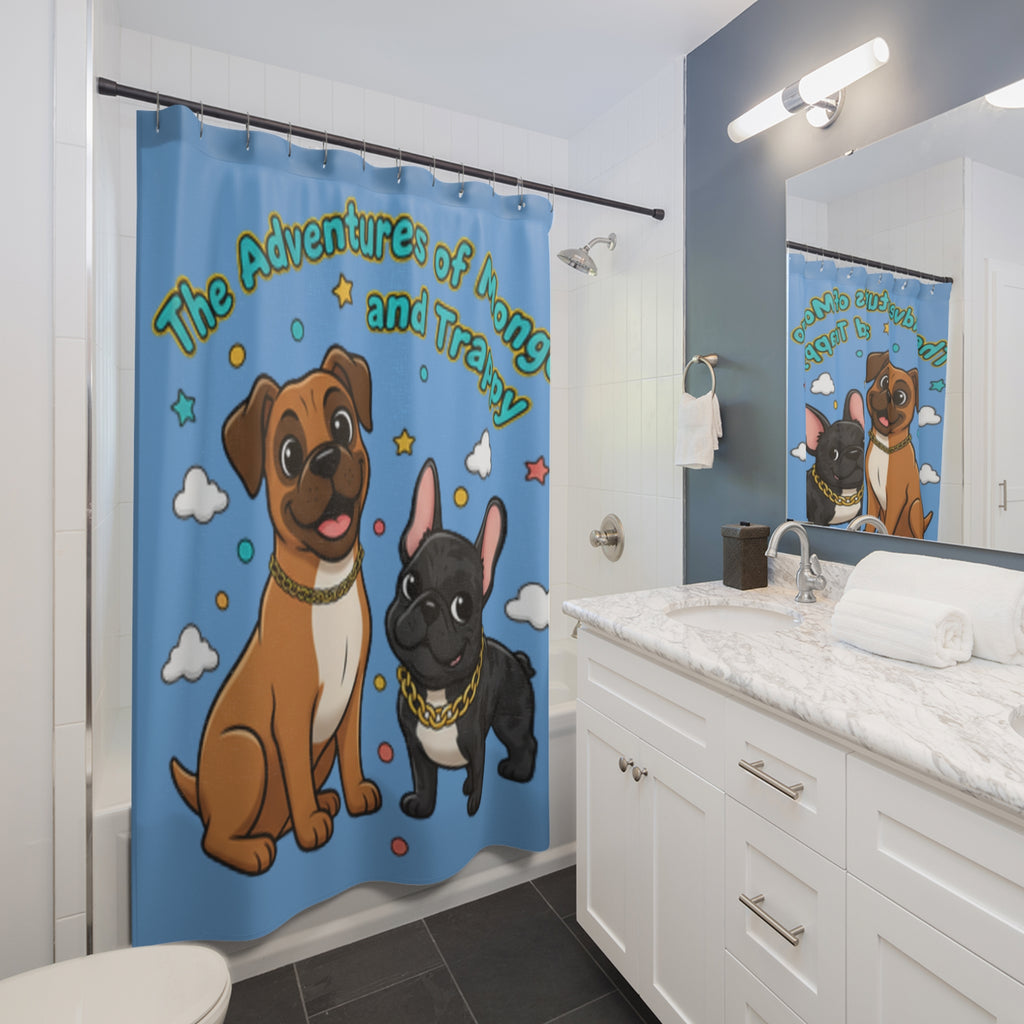 The Adventures of Mongo and Trappy Shower Curtain — Cute Cartoon Dog Bathroom Decor