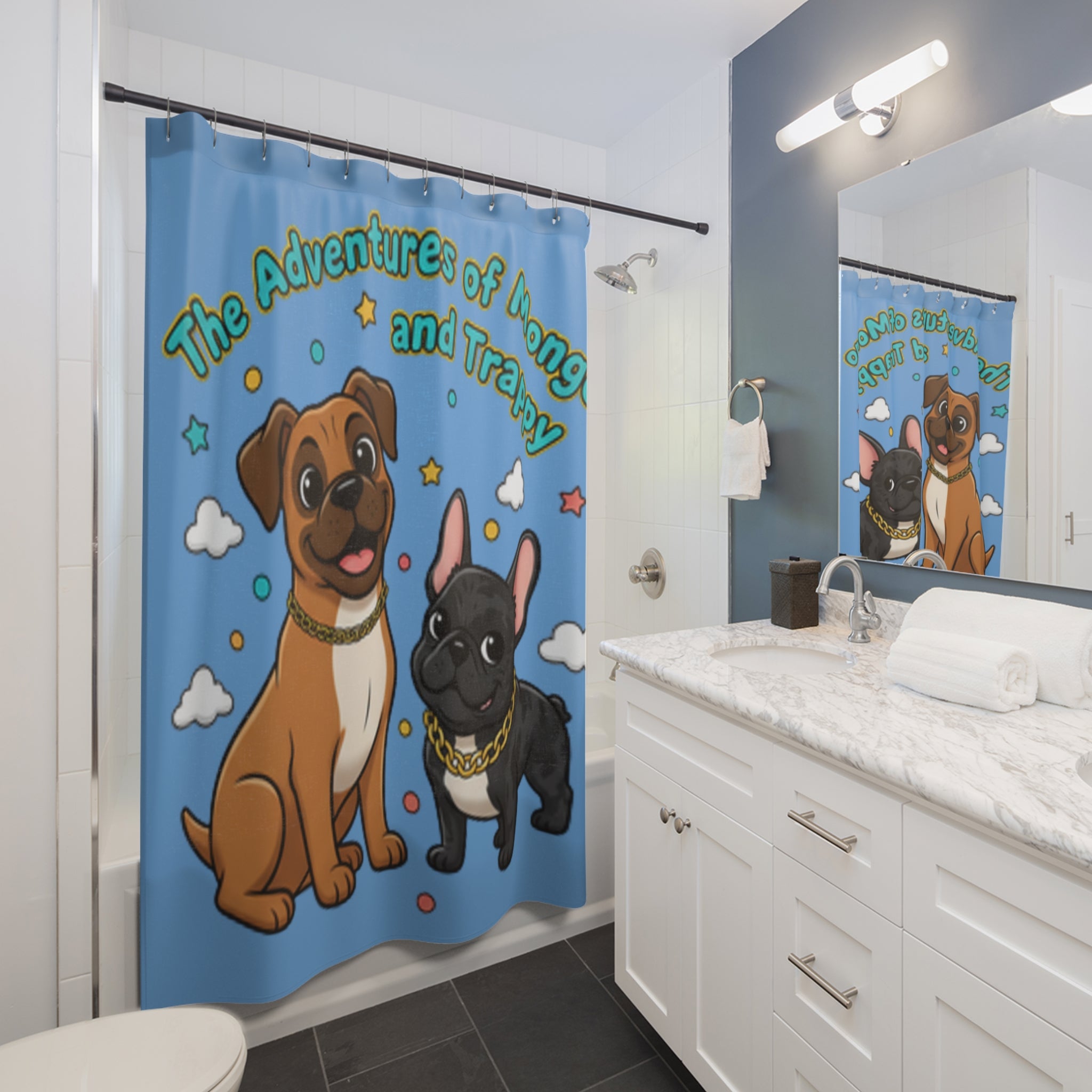The Adventures of Mongo and Trappy Shower Curtain — Cute Cartoon Dog Bathroom Decor