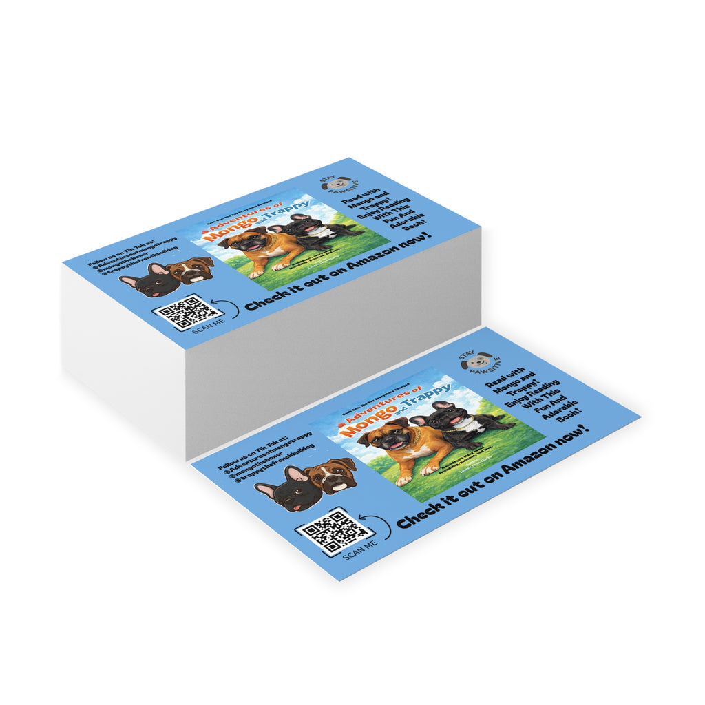 Blue Promotional Business Cards — 'Adventures of Mongo & Trappy' Book Marketing Card with QR Code