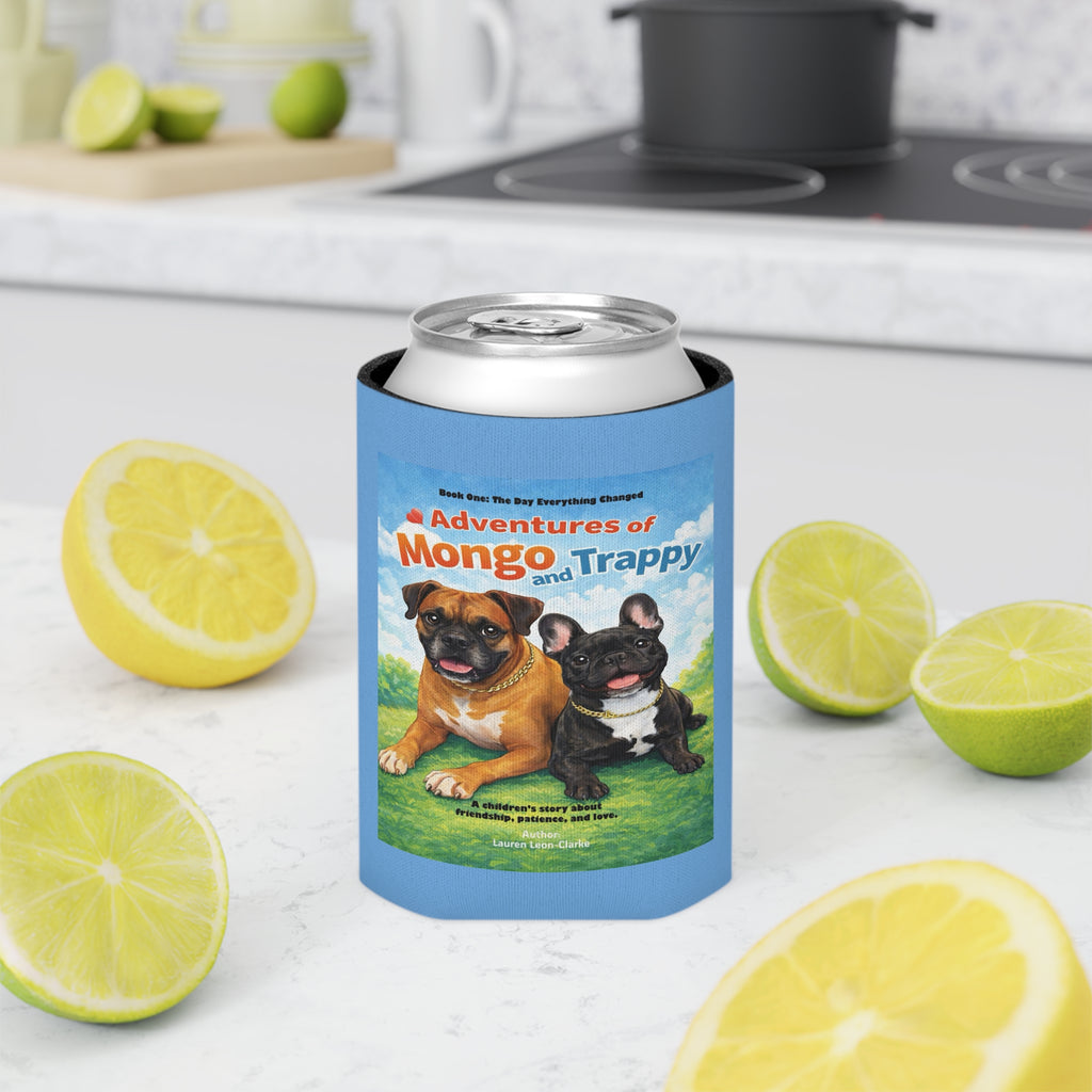 Can Cooler — 'Adventures of Mongo and Trappy' Book Cover Design with QR Code