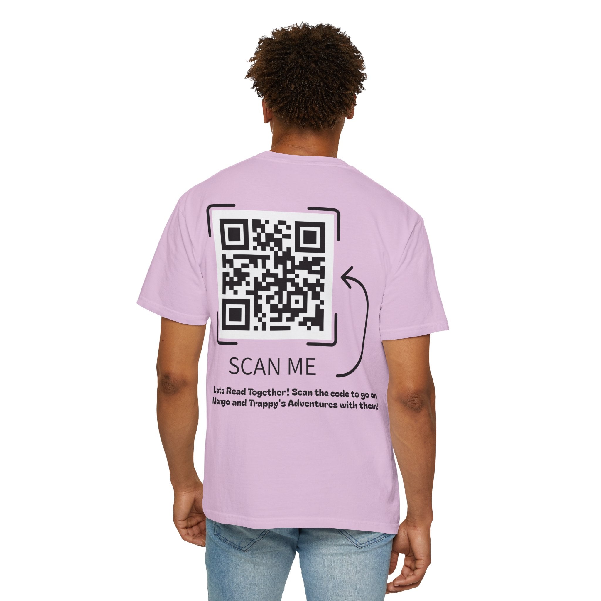 Adventures of Mongo & Trappy T-Shirt — Illustrated Dog Book Cover Tee with QR Code