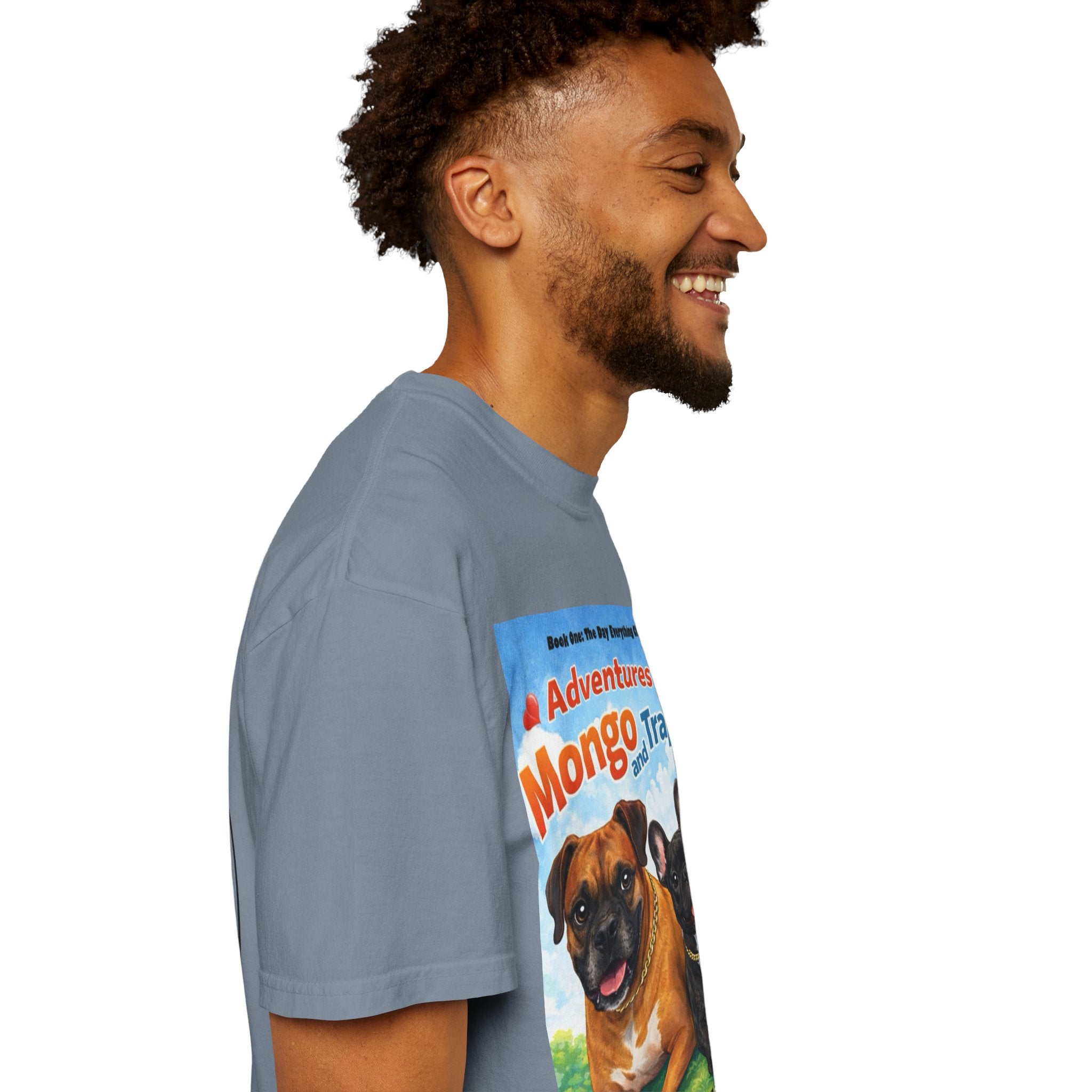 Adventures of Mongo & Trappy T-Shirt — Illustrated Dog Book Cover Tee with QR Code