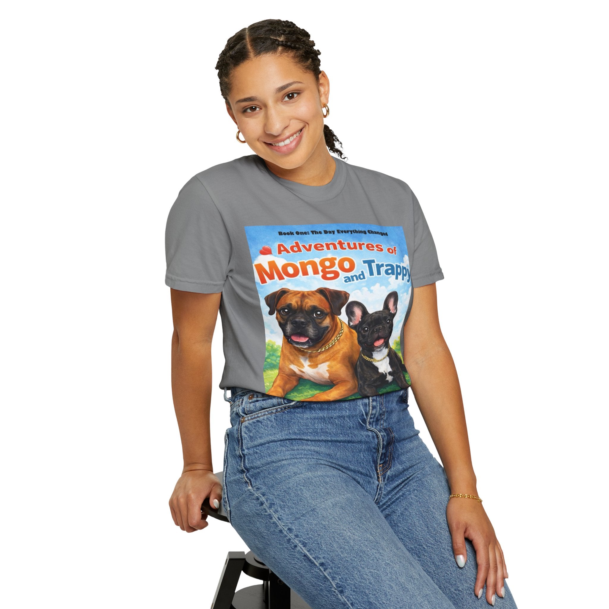 Adventures of Mongo & Trappy T-Shirt — Illustrated Dog Book Cover Tee with QR Code