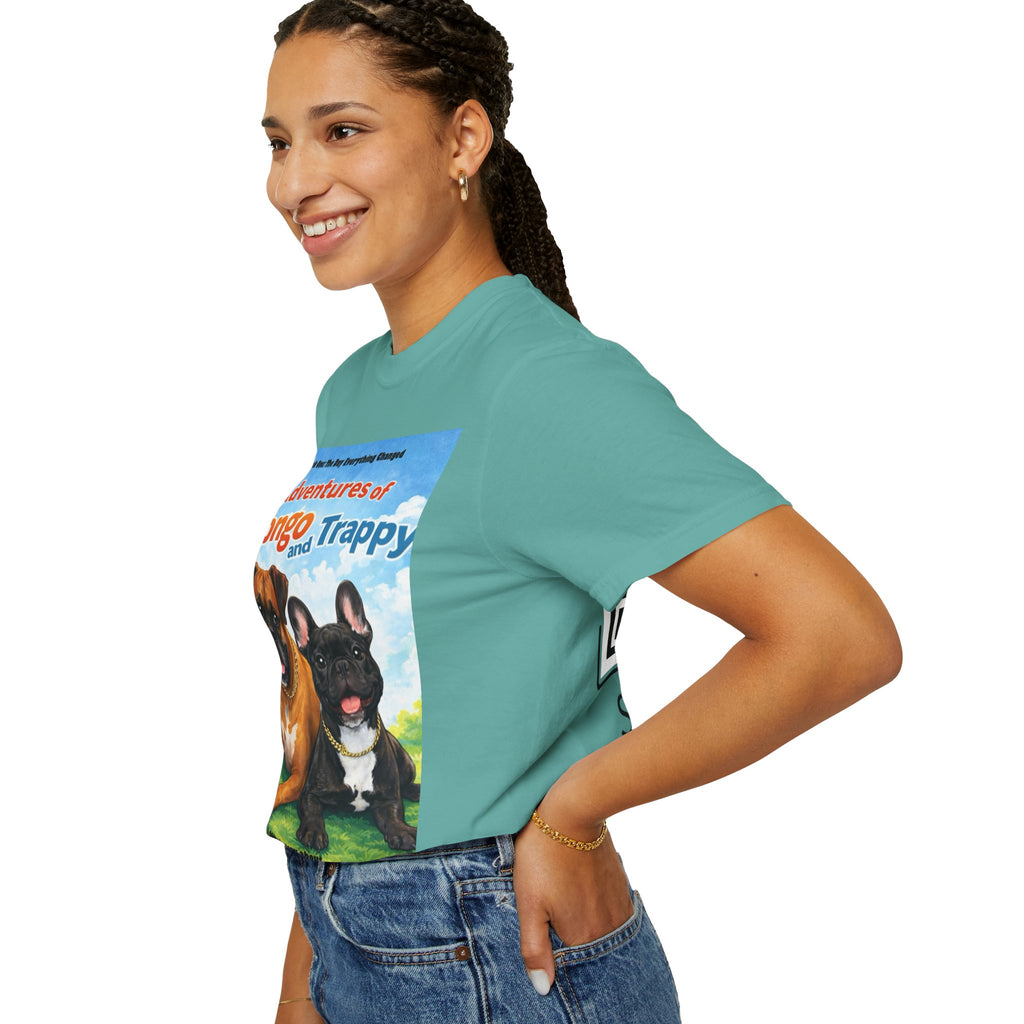 Adventures of Mongo & Trappy T-Shirt — Illustrated Dog Book Cover Tee with QR Code