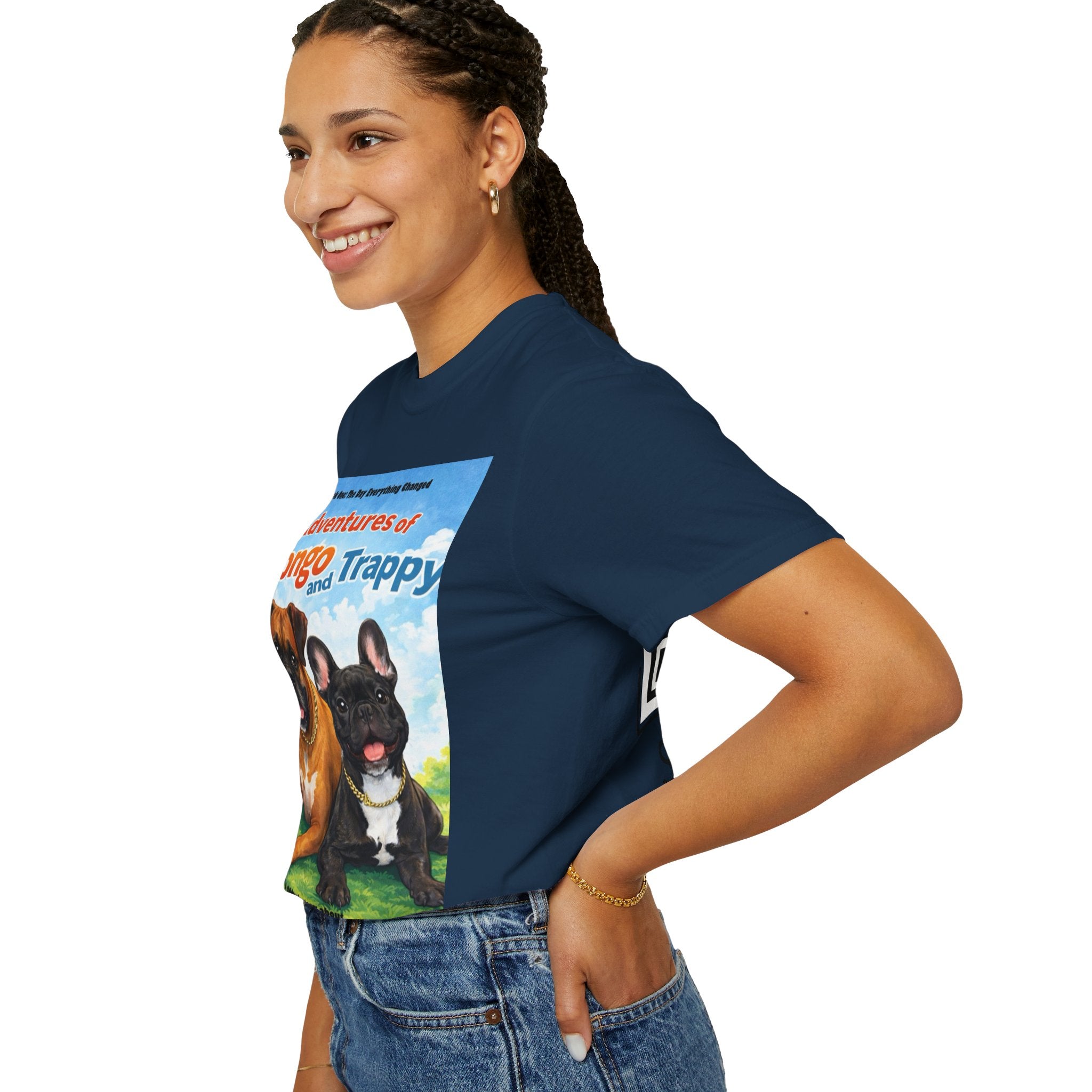 Adventures of Mongo & Trappy T-Shirt — Illustrated Dog Book Cover Tee with QR Code
