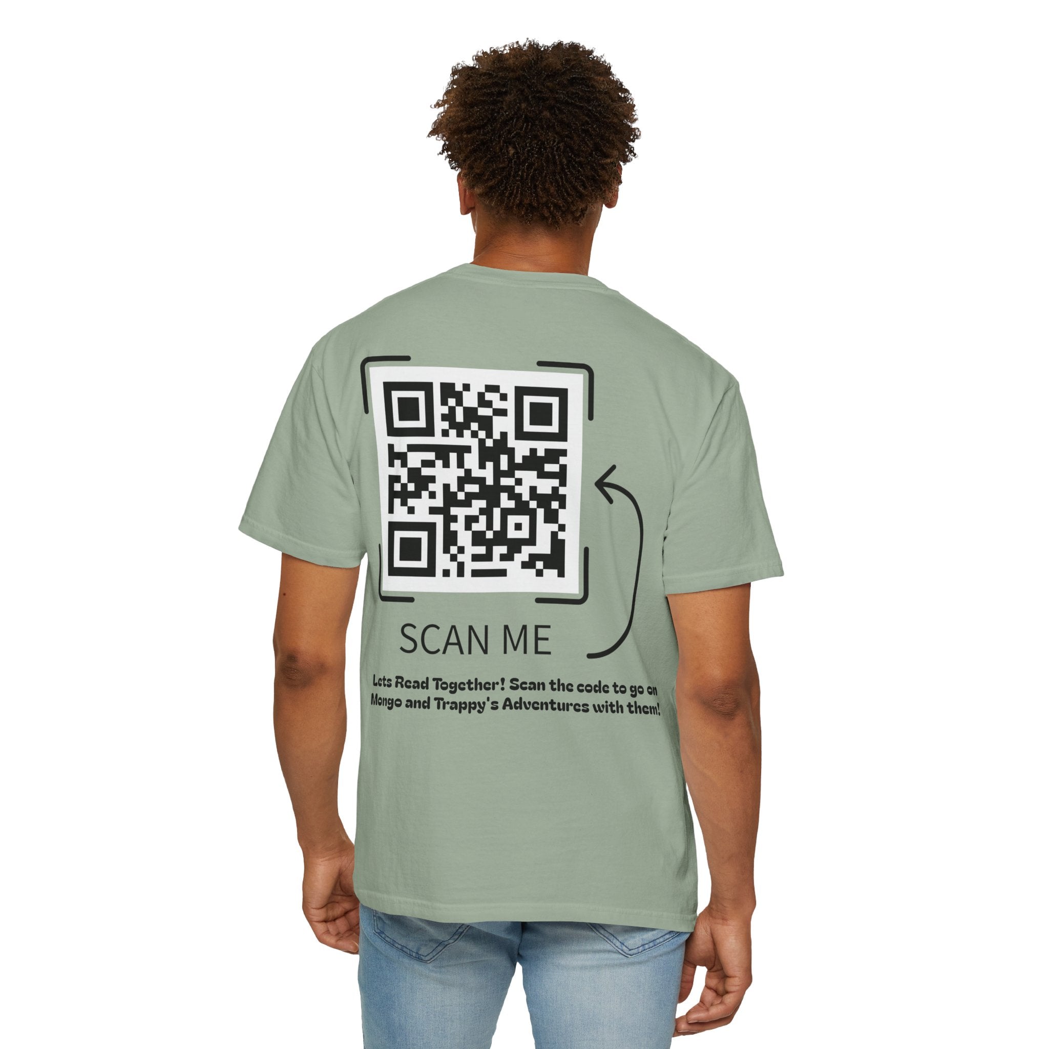 Adventures of Mongo & Trappy T-Shirt — Illustrated Dog Book Cover Tee with QR Code