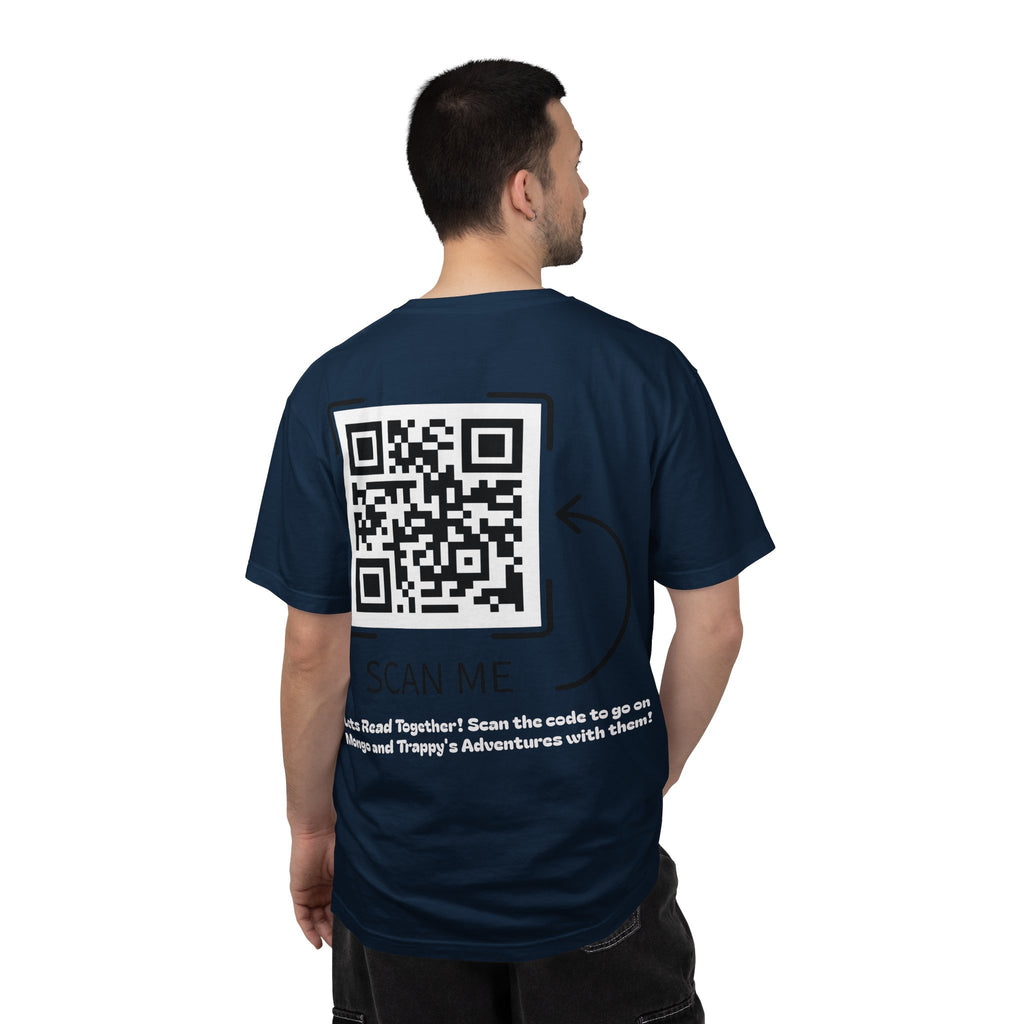 Adventures of Mongo & Trappy T-Shirt — Illustrated Dog Book Cover Tee with QR Code