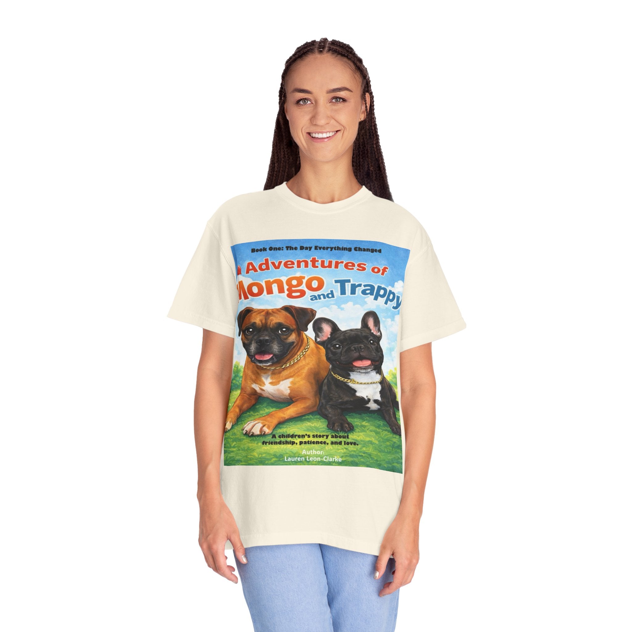 Adventures of Mongo & Trappy T-Shirt — Illustrated Dog Book Cover Tee with QR Code