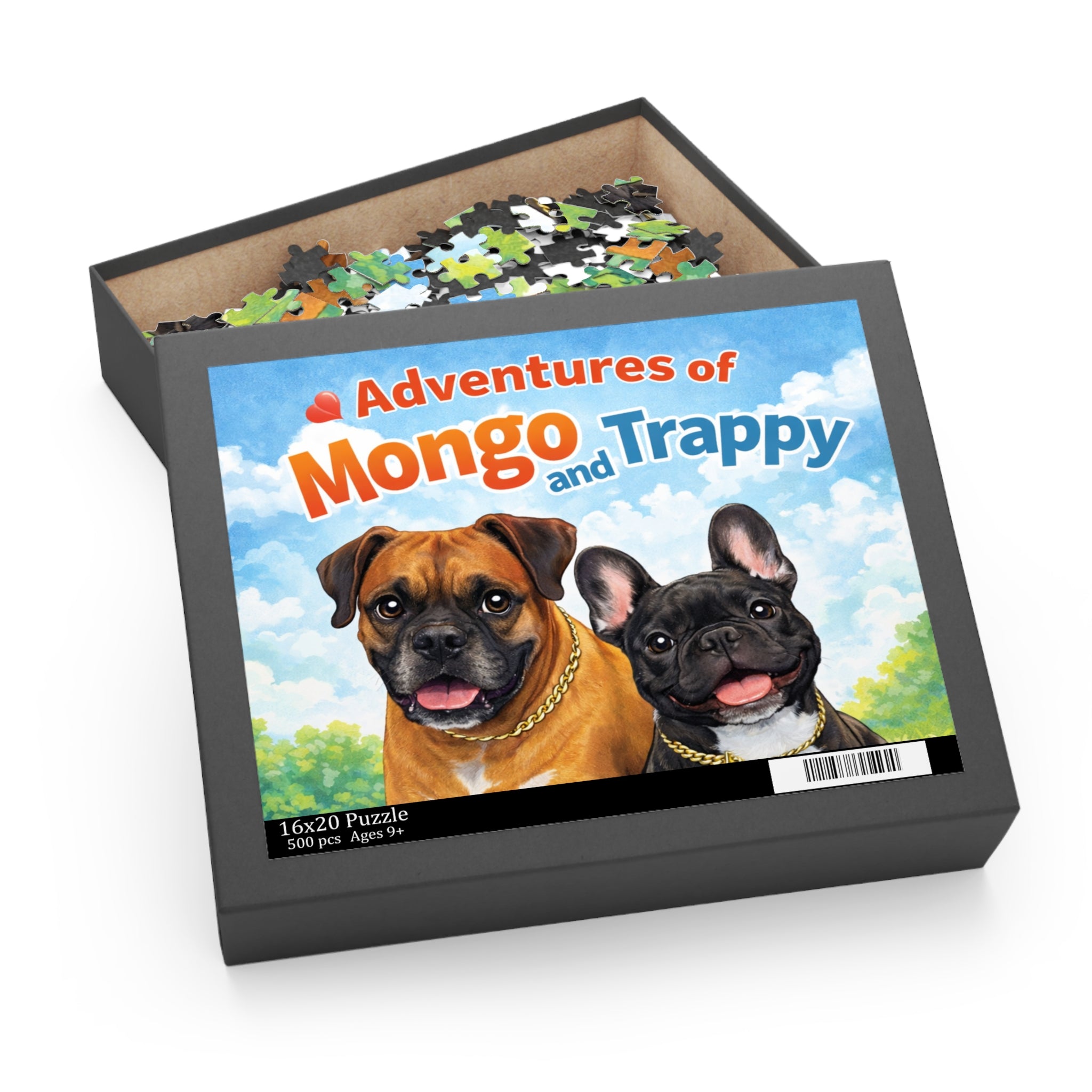 Adventures of Mongo and Trappy Dog Puzzle — Personalized Pet Portrait Jigsaw (120/252/500 pcs)