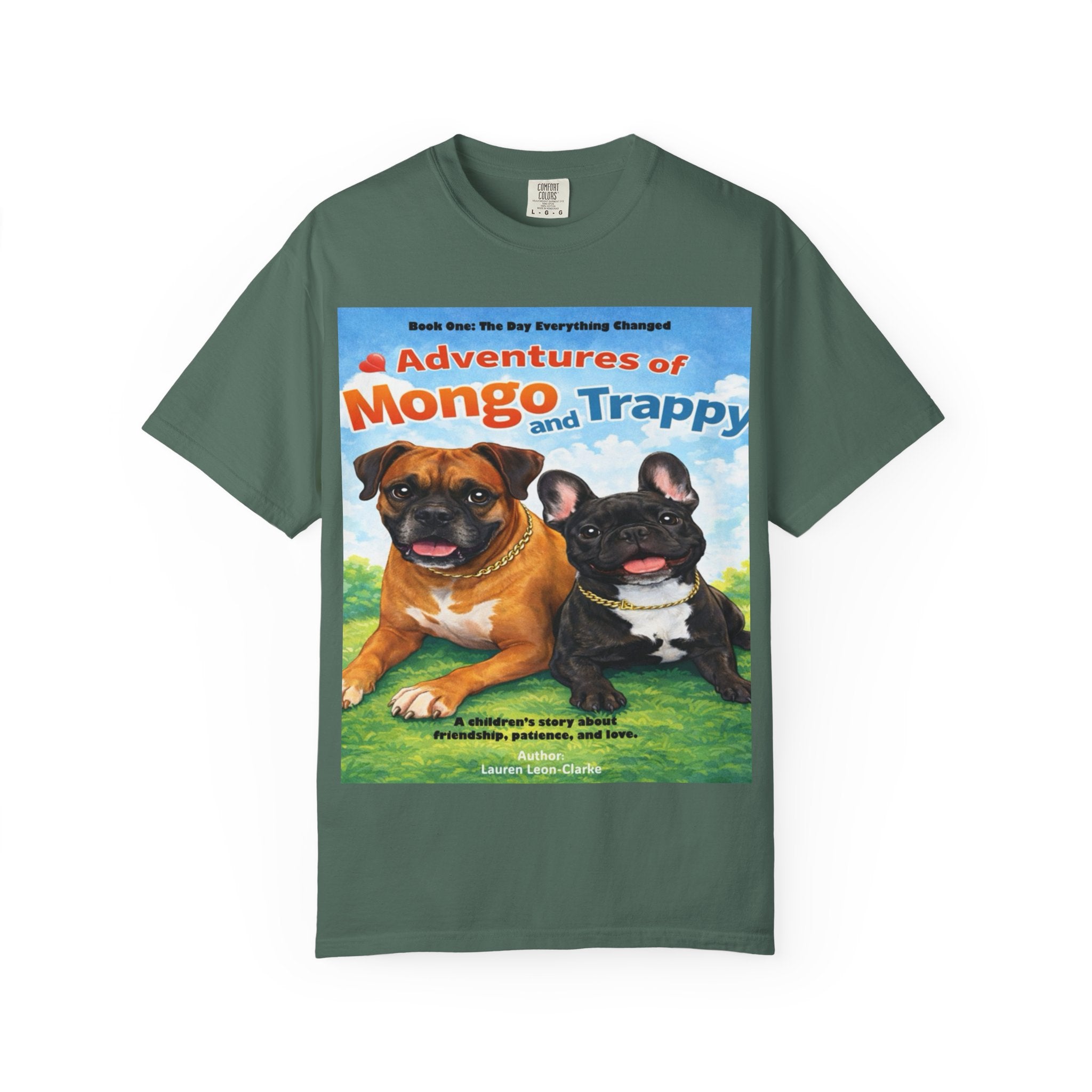Adventures of Mongo & Trappy T-Shirt — Illustrated Dog Book Cover Tee with QR Code
