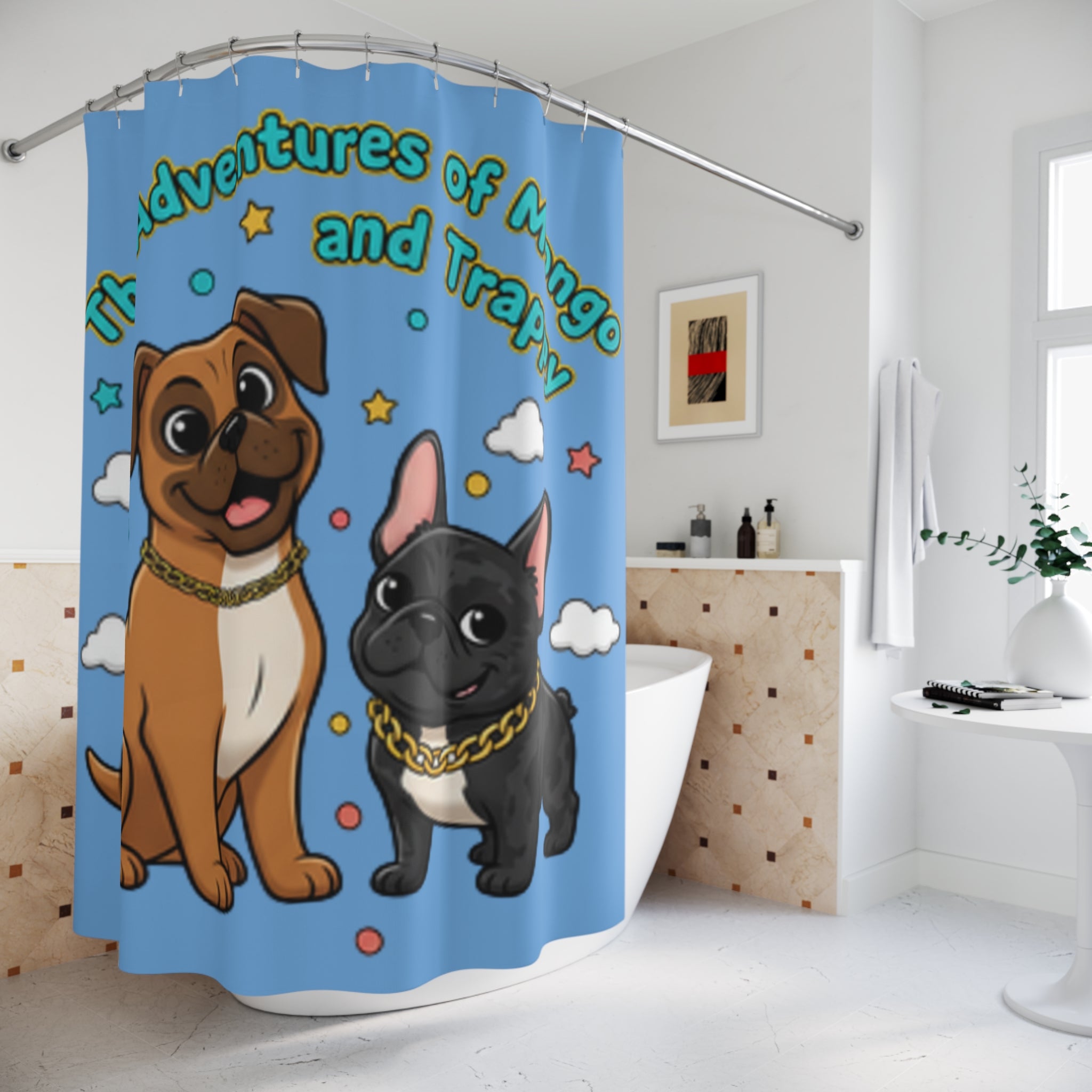 The Adventures of Mongo and Trappy Shower Curtain — Cute Cartoon Dog Bathroom Decor