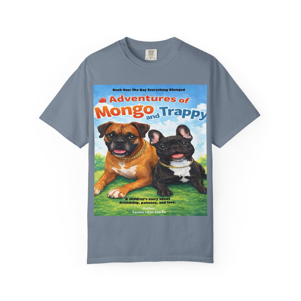 Adventures of Mongo & Trappy T-Shirt — Illustrated Dog Book Cover Tee with QR Code