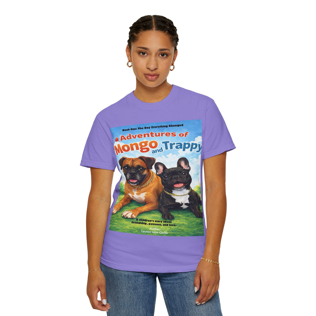 Adventures of Mongo & Trappy T-Shirt — Illustrated Dog Book Cover Tee with QR Code