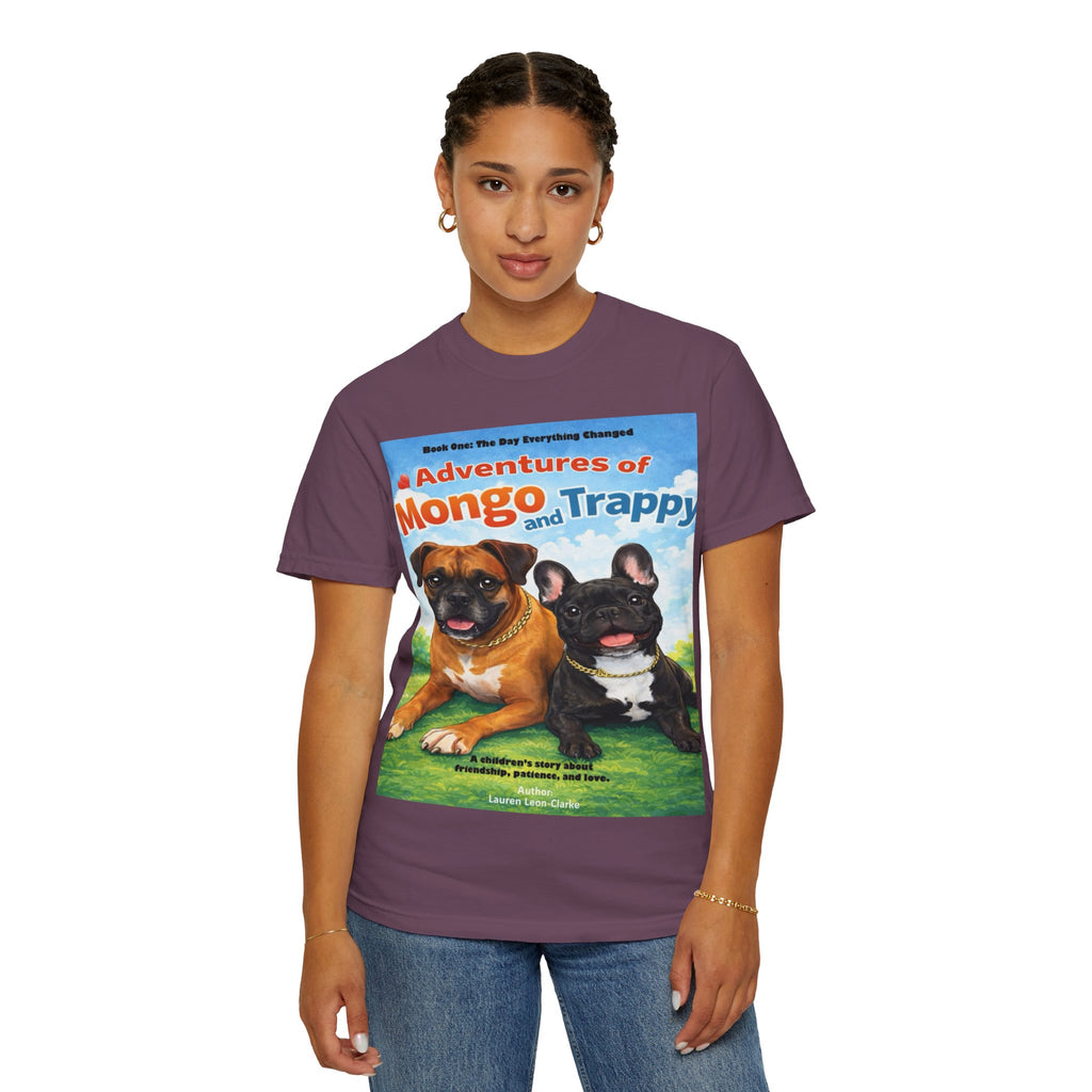 Adventures of Mongo & Trappy T-Shirt — Illustrated Dog Book Cover Tee with QR Code