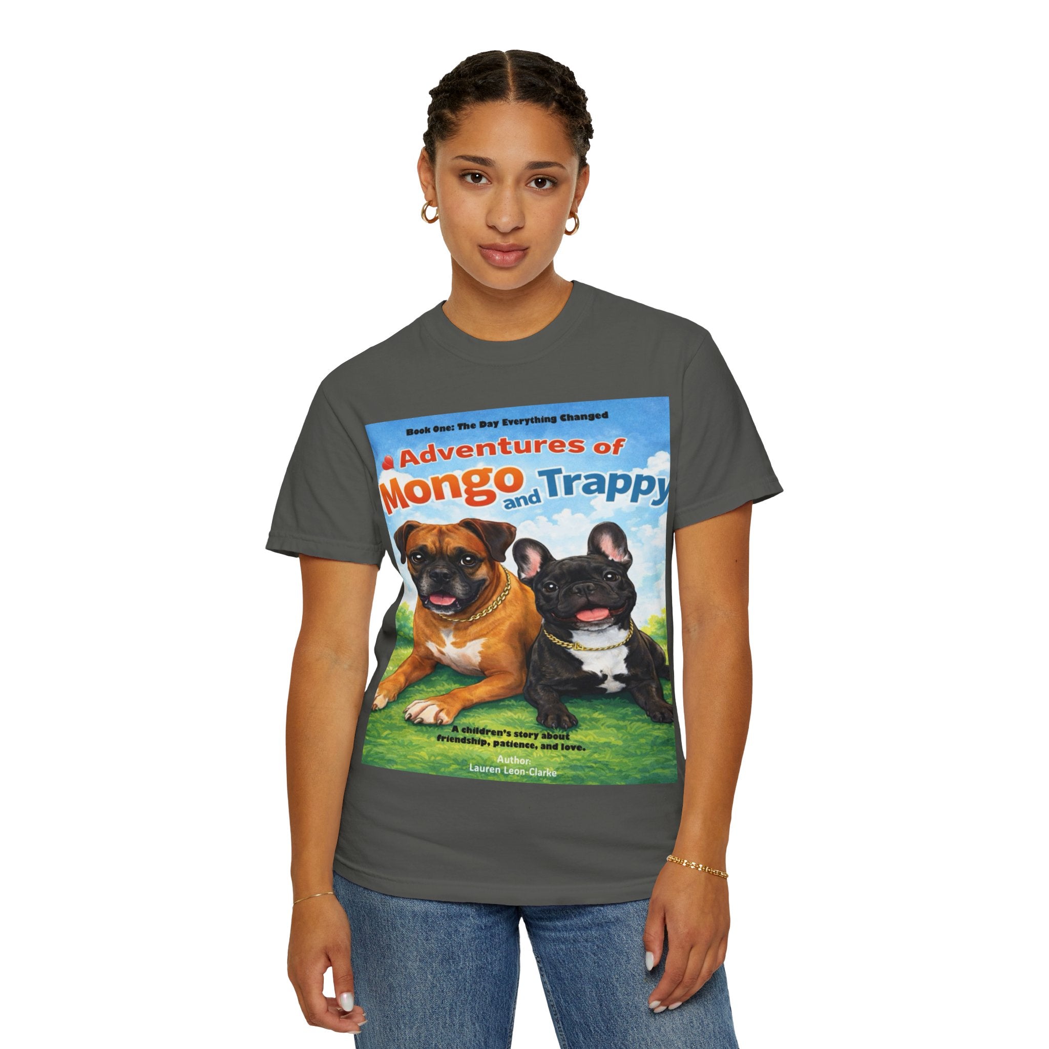 Adventures of Mongo & Trappy T-Shirt — Illustrated Dog Book Cover Tee with QR Code