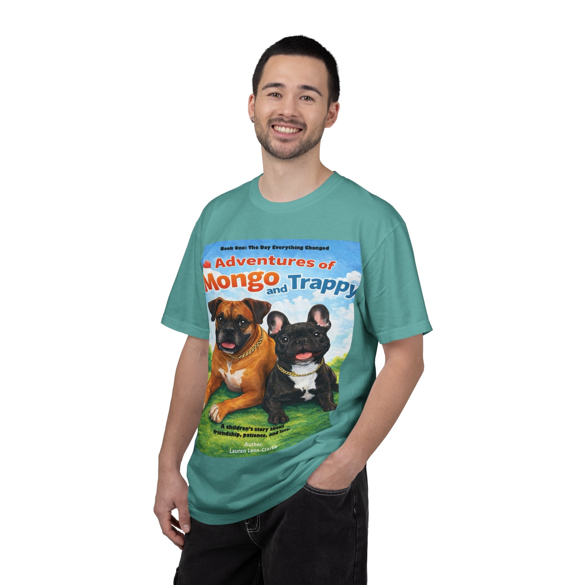 Adventures of Mongo & Trappy T-Shirt — Illustrated Dog Book Cover Tee with QR Code
