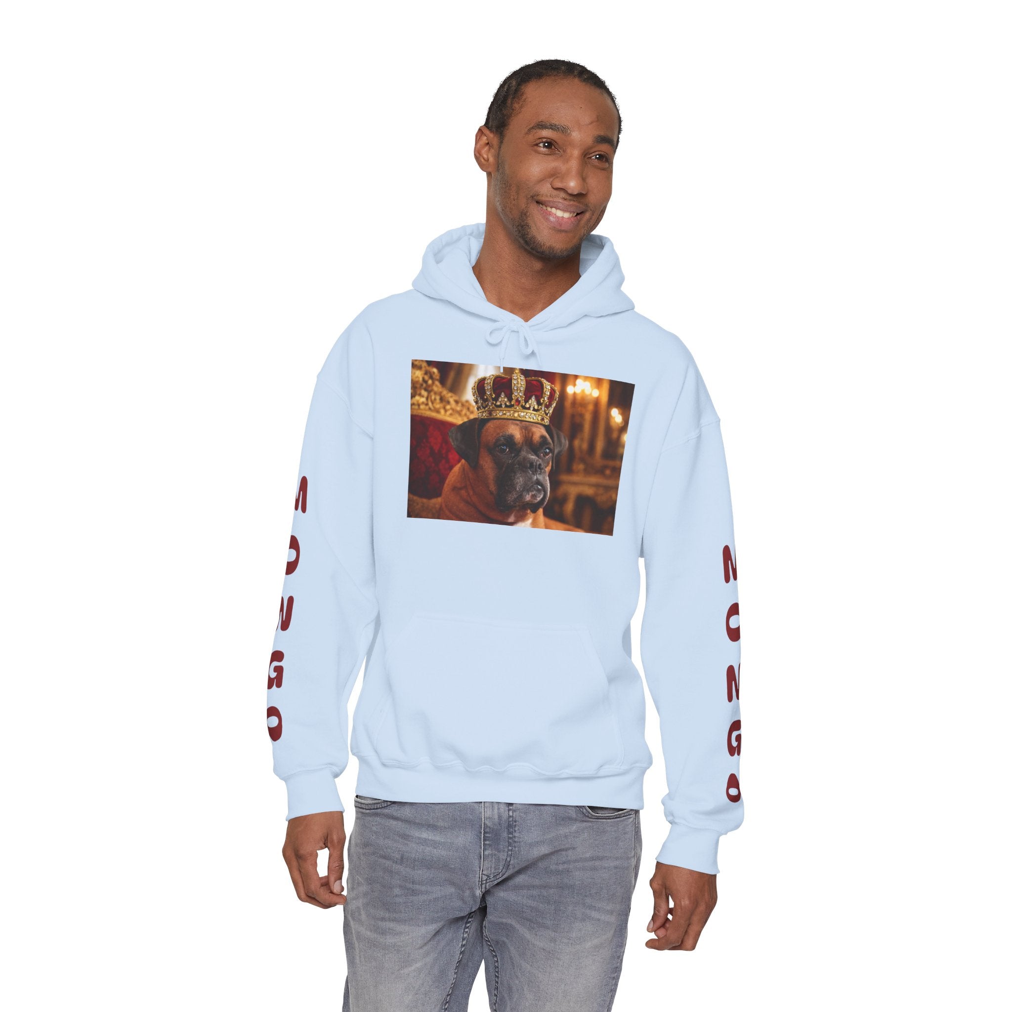 King Mungo Hoodie – Royal Dog Photo Pullover with 'Mungo' Sleeve Text