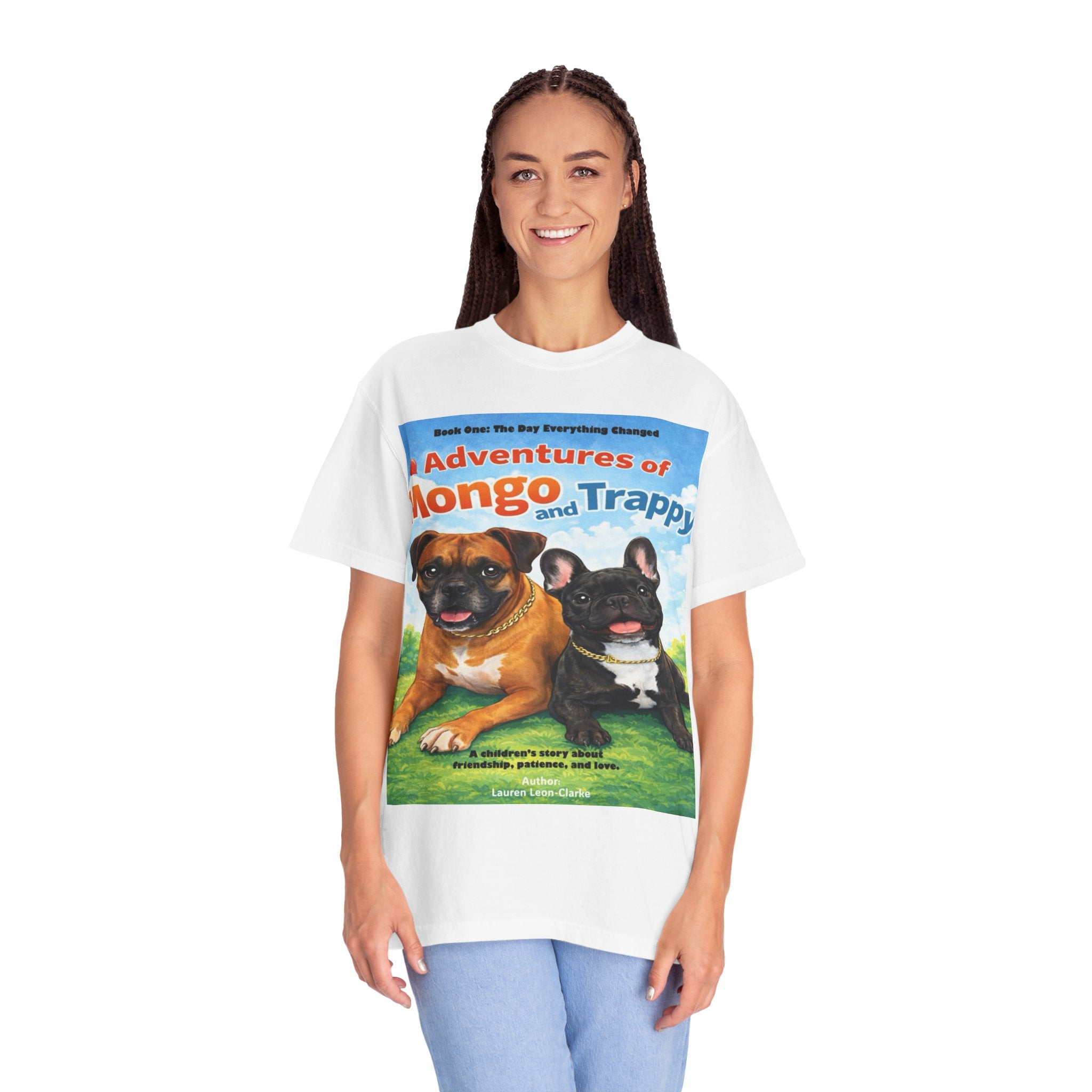 Adventures of Mongo & Trappy T-Shirt — Illustrated Dog Book Cover Tee with QR Code