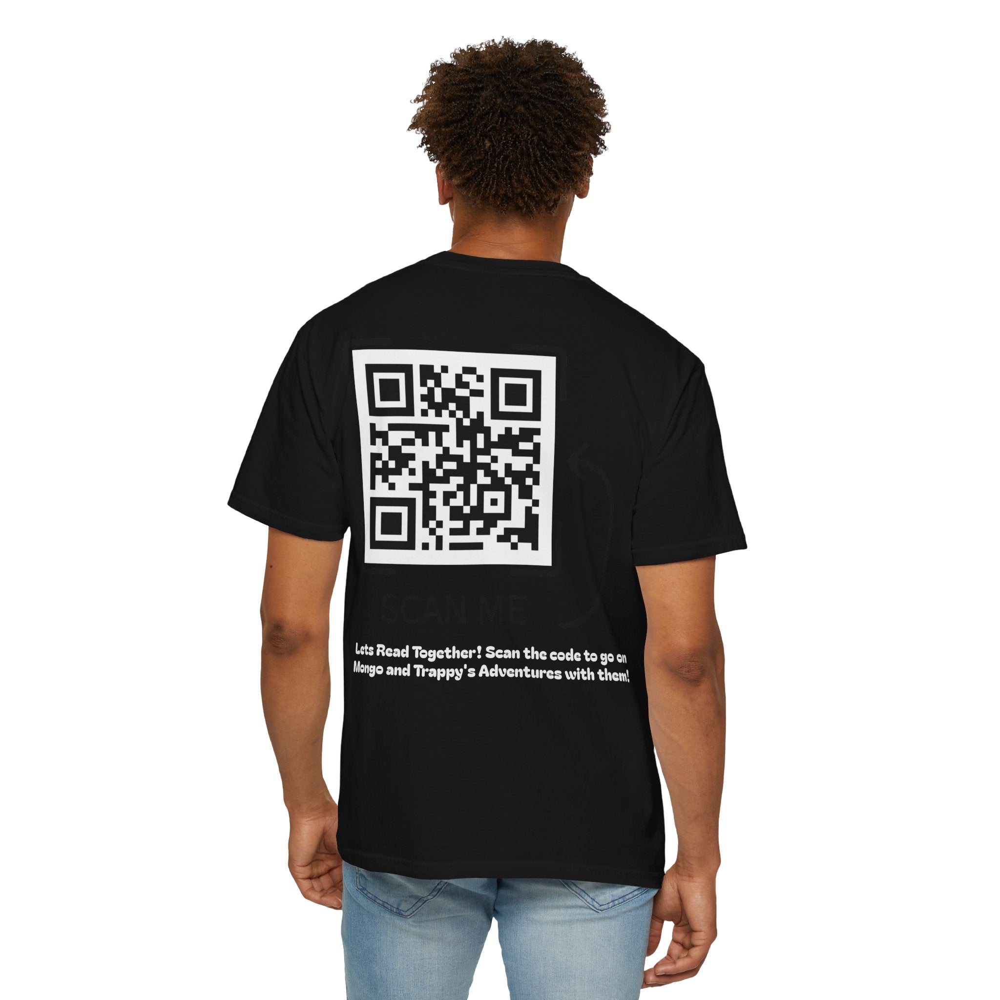 Adventures of Mongo & Trappy T-Shirt — Illustrated Dog Book Cover Tee with QR Code