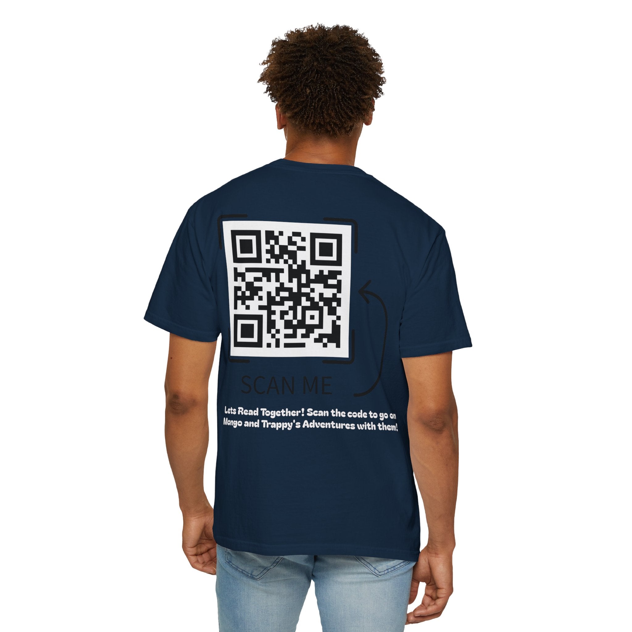 Adventures of Mongo & Trappy T-Shirt — Illustrated Dog Book Cover Tee with QR Code