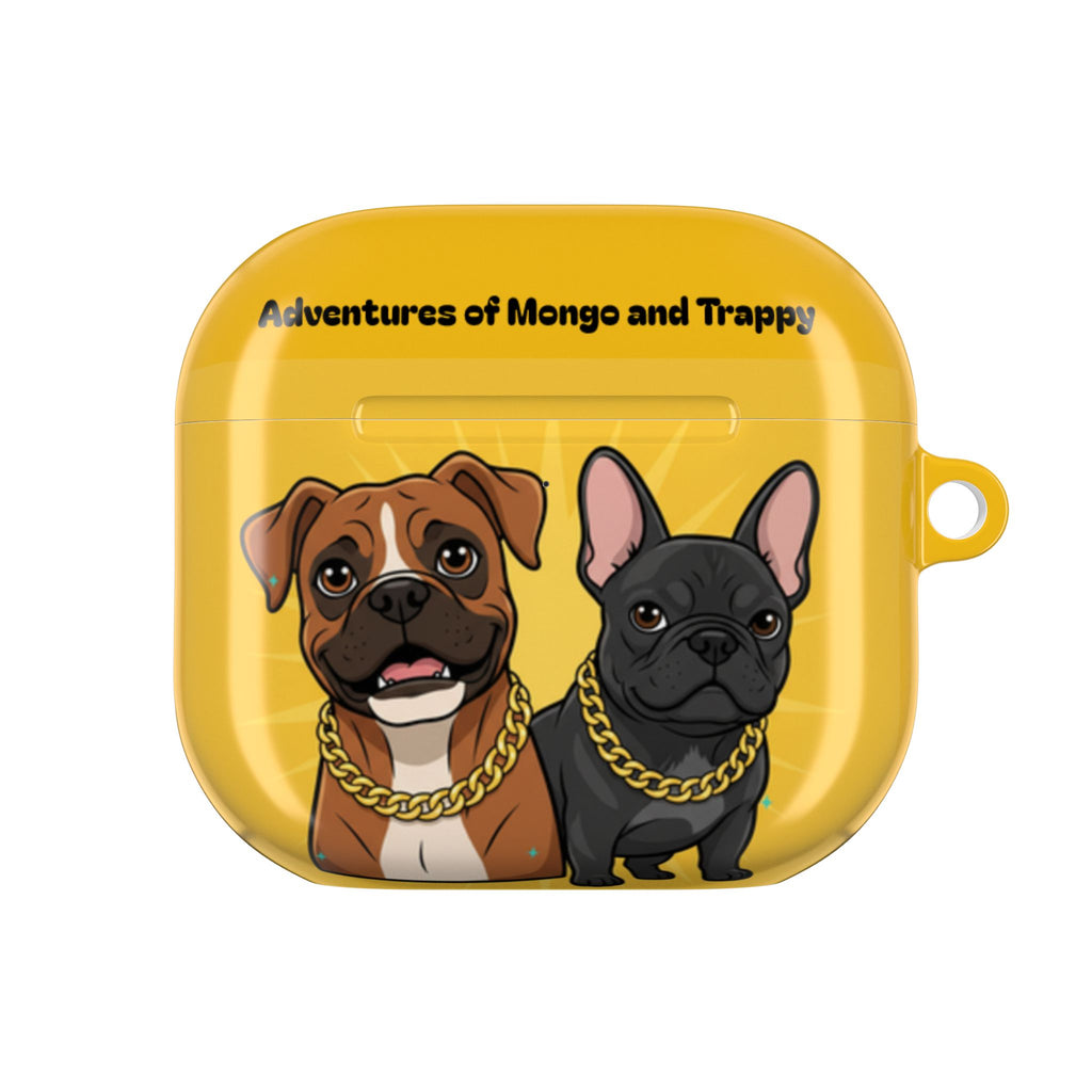 Yellow AirPods Case — 'Adventures of Mongo and Trappy' with Cartoon Boxer & French Bulldog