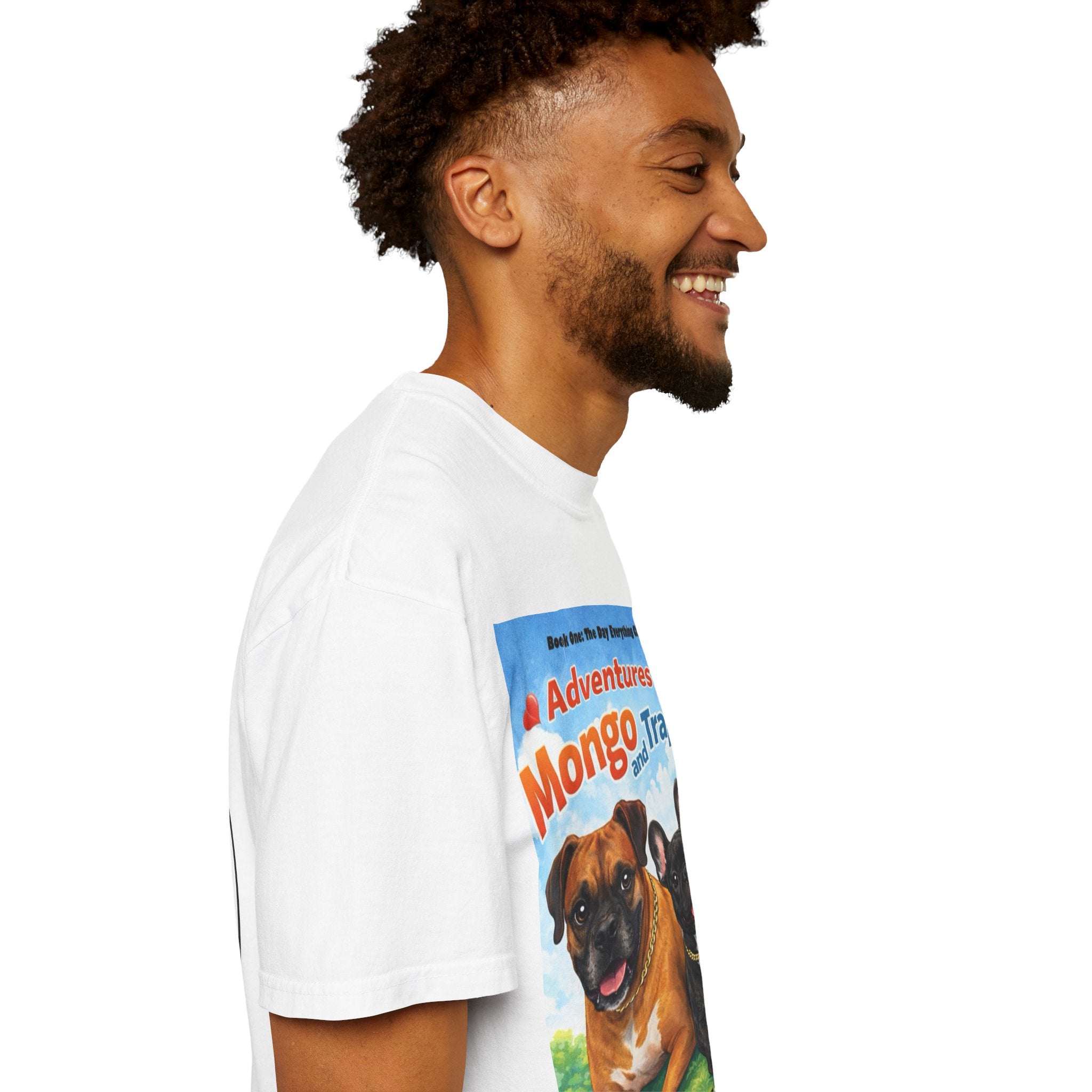 Adventures of Mongo & Trappy T-Shirt — Illustrated Dog Book Cover Tee with QR Code