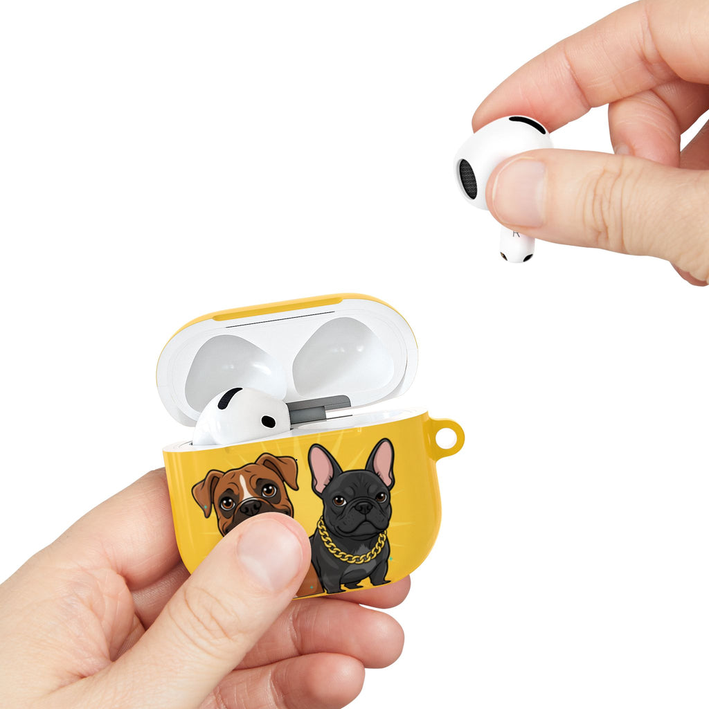 Yellow AirPods Case — 'Adventures of Mongo and Trappy' with Cartoon Boxer & French Bulldog