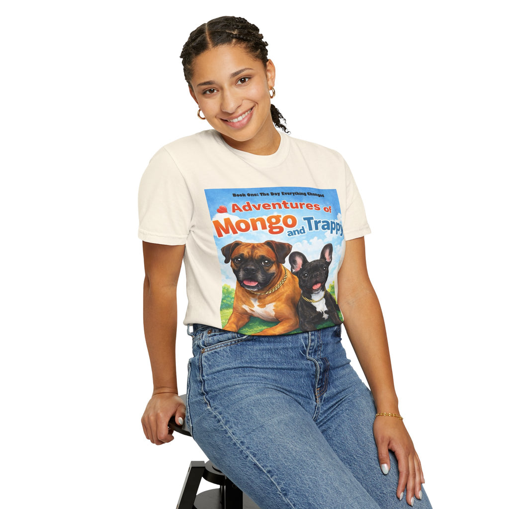 Adventures of Mongo & Trappy T-Shirt — Illustrated Dog Book Cover Tee with QR Code