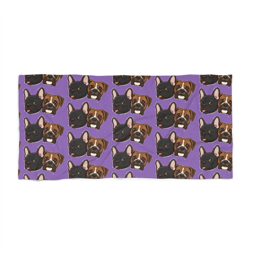 French Bulldog Pattern Beach Towel — Purple Dog Face Summer Towel