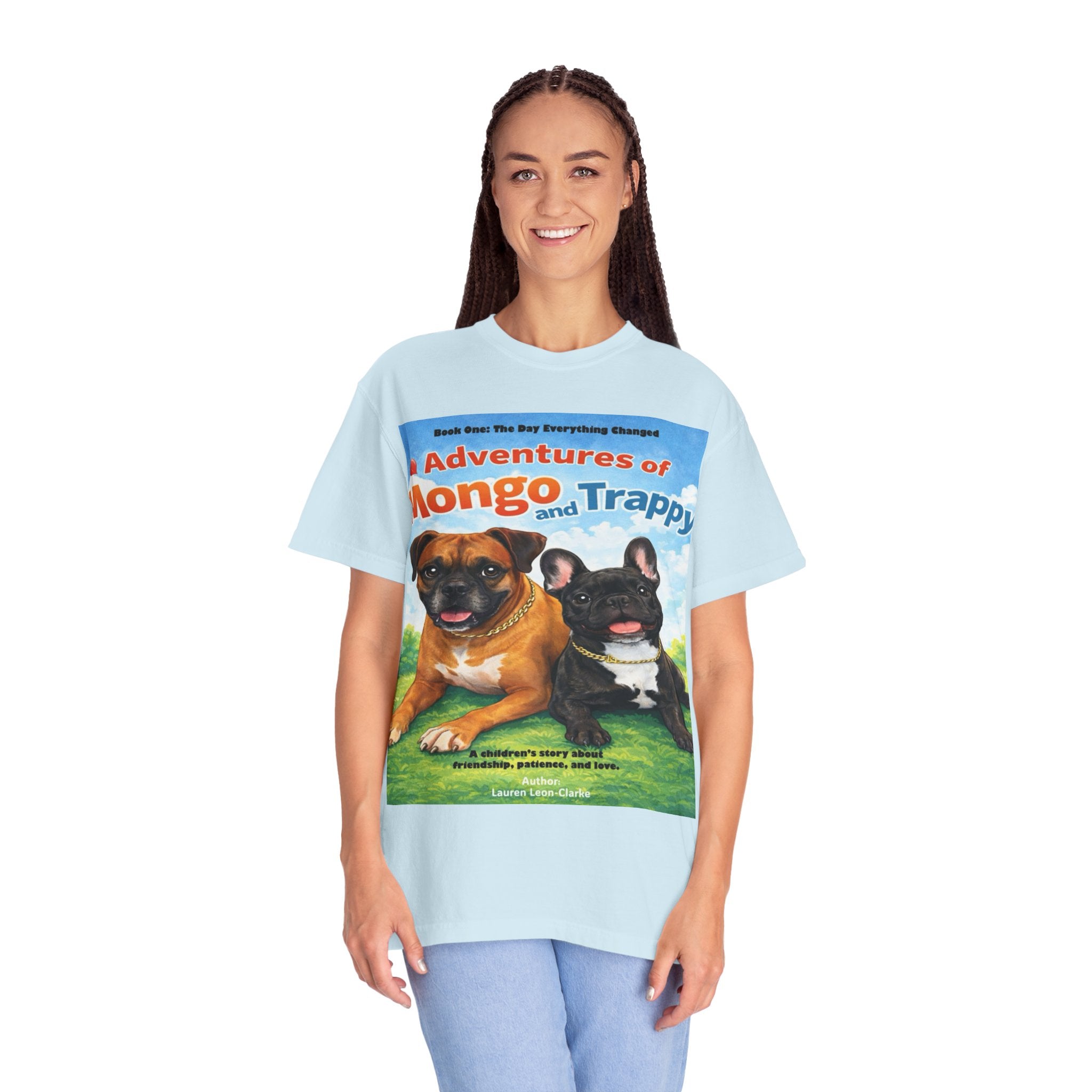 Adventures of Mongo & Trappy T-Shirt — Illustrated Dog Book Cover Tee with QR Code