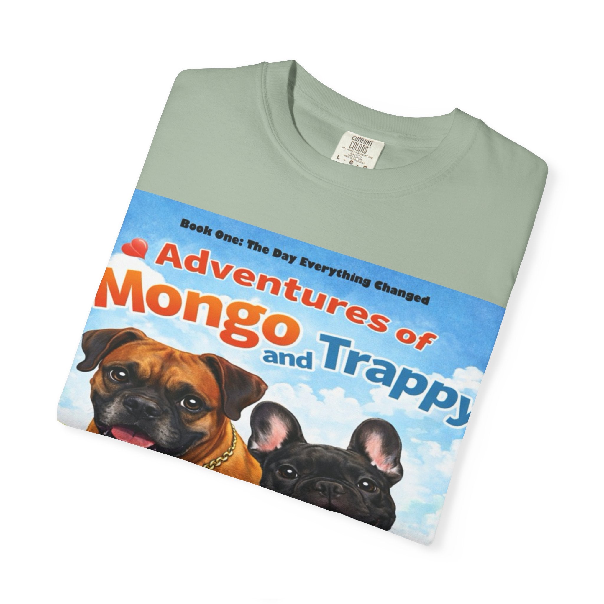 Adventures of Mongo & Trappy T-Shirt — Illustrated Dog Book Cover Tee with QR Code