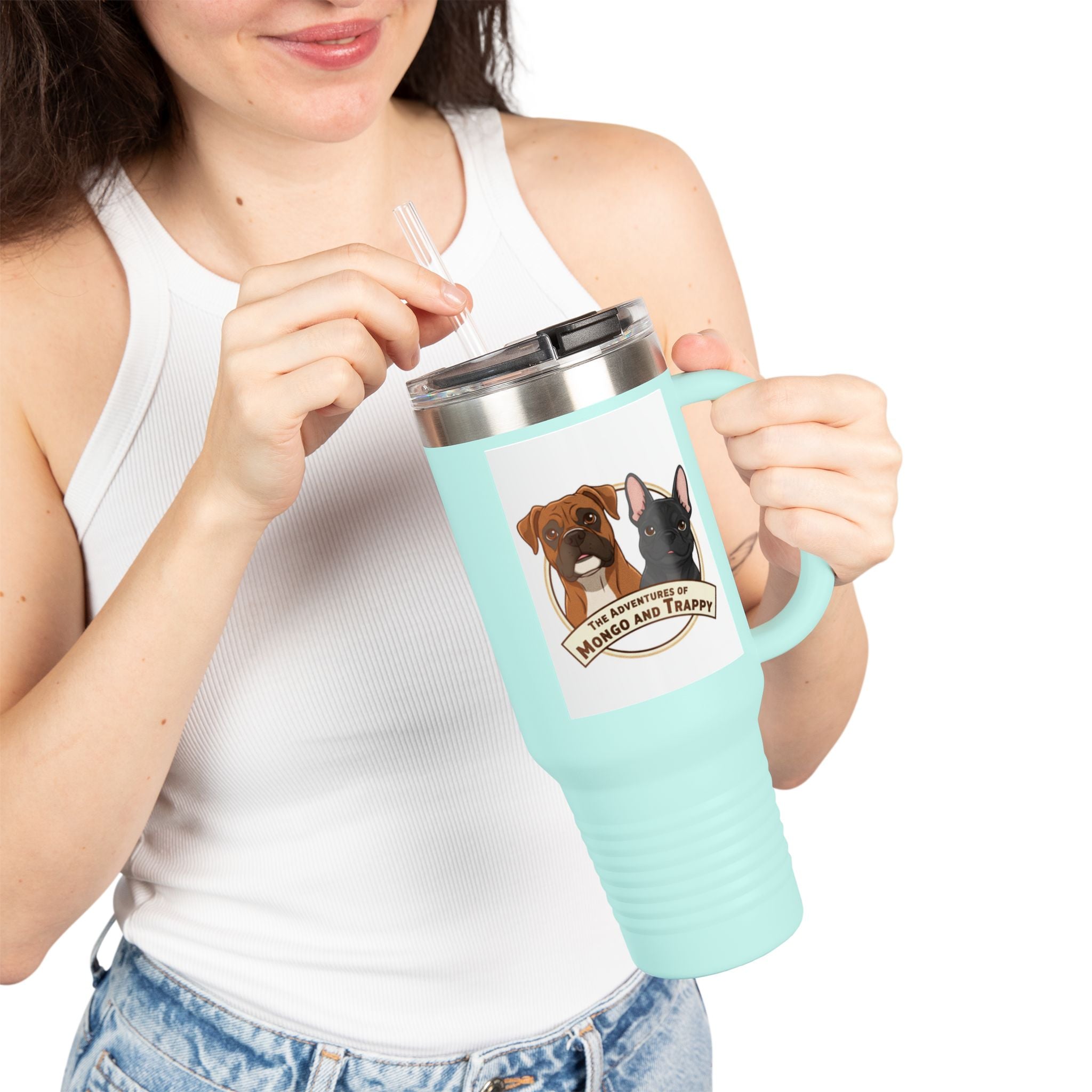 40oz Insulated Travel Mug — "My Adventures with Mongo and Trapper" Dog Portrait Tumbler