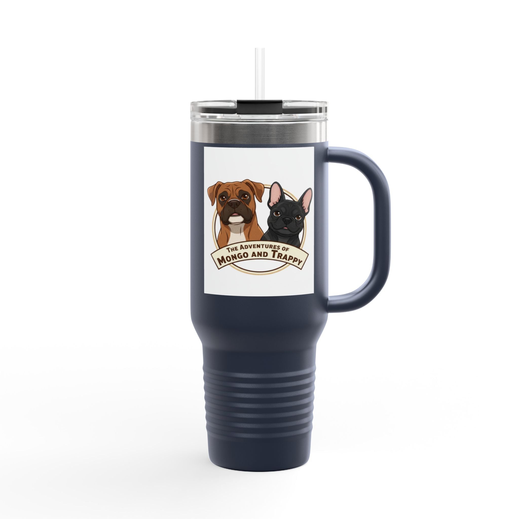 40oz Insulated Travel Mug — "My Adventures with Mongo and Trapper" Dog Portrait Tumbler