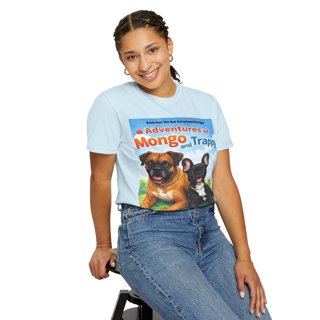 Adventures of Mongo & Trappy T-Shirt — Illustrated Dog Book Cover Tee with QR Code