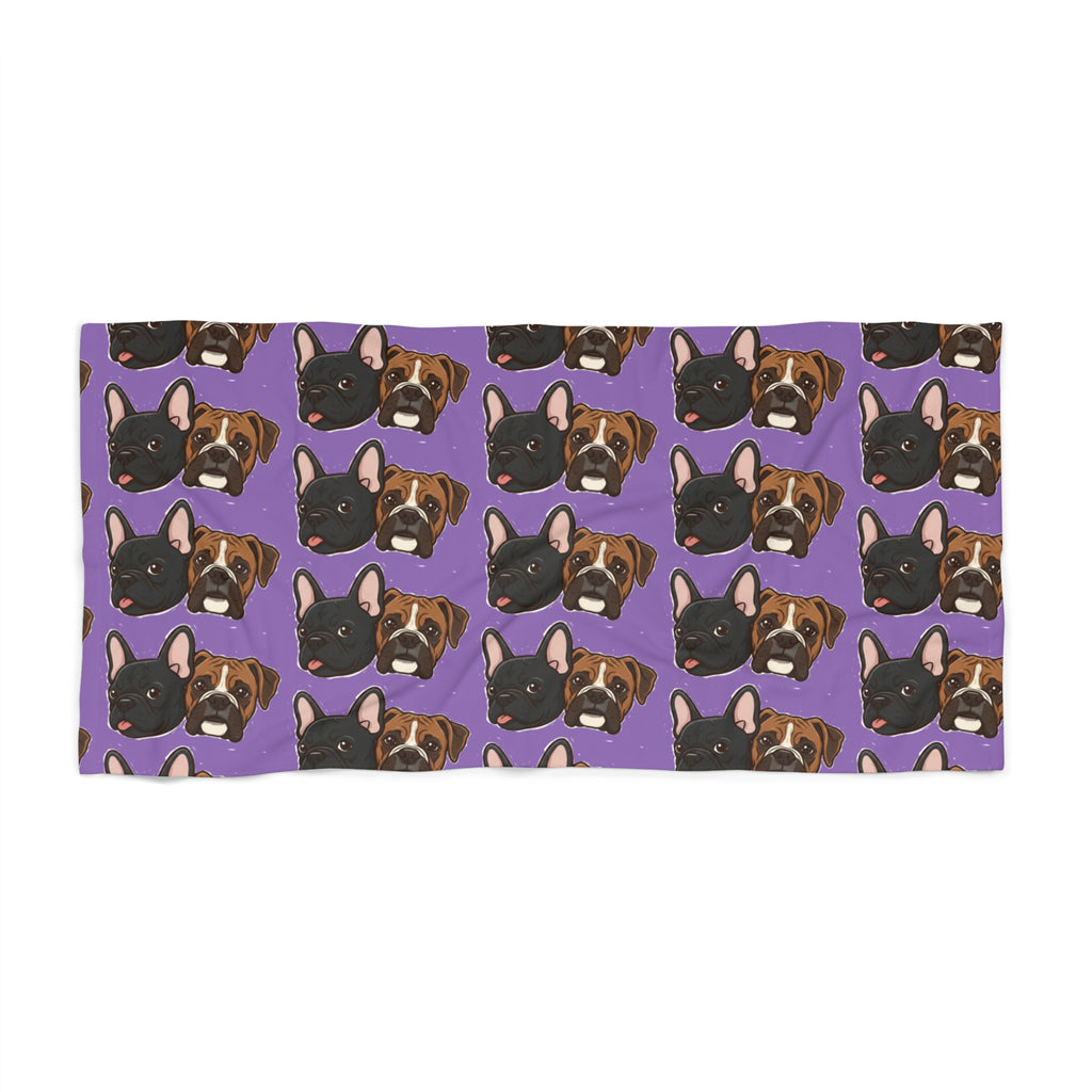 French Bulldog Pattern Beach Towel — Purple Dog Face Summer Towel