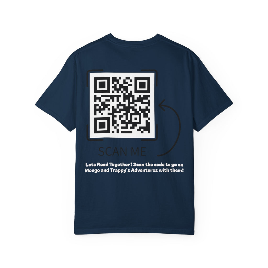 Adventures of Mongo & Trappy T-Shirt — Illustrated Dog Book Cover Tee with QR Code